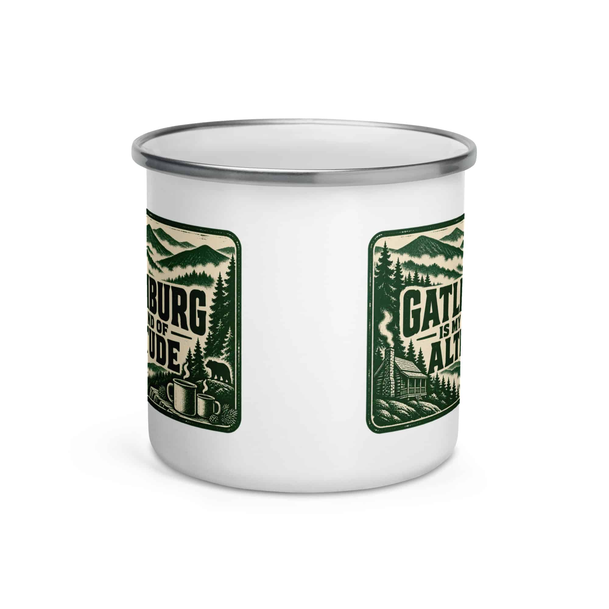 Gatlinburg and the Smokies Enamel Camp Mug: Gatlinburg Is My Kind of Altitude, Forest Ink Stamp