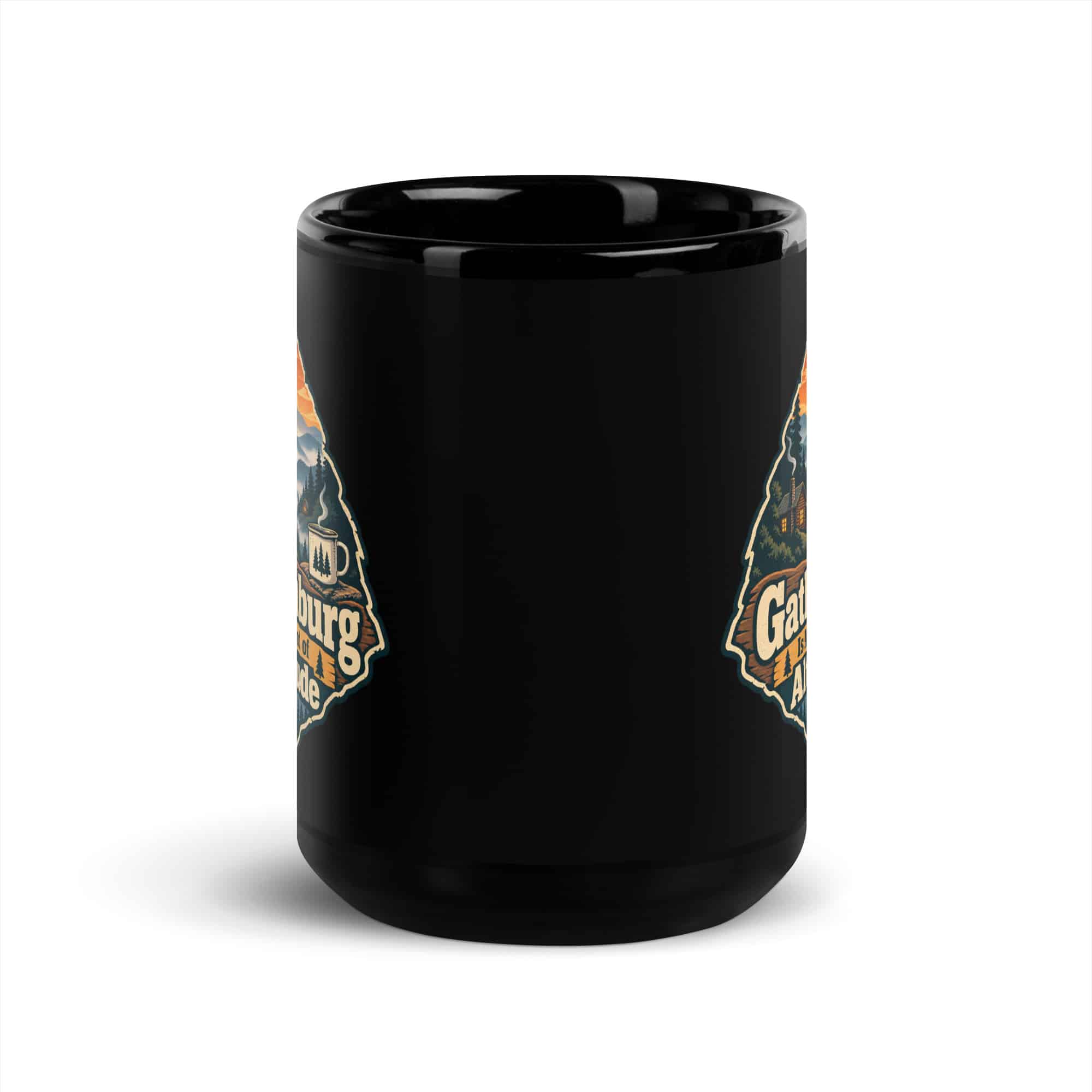 Gatlinburg and the Smokies Black Coffee Mug: Gatlinburg Is My Kind of Altitude, Scenic Shield Badge