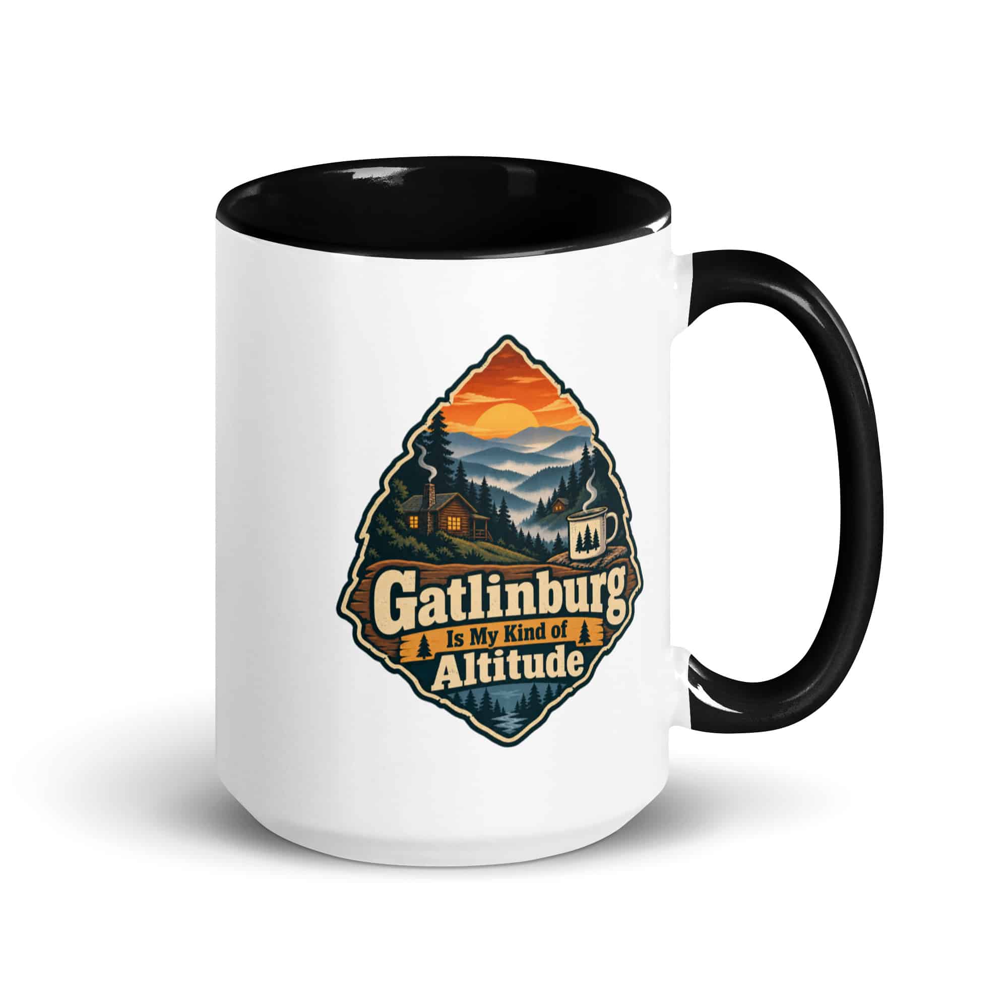 Gatlinburg and the Smokies Color Inside Coffee Mug: Gatlinburg Is My Kind of Altitude, Scenic Shield Badge
