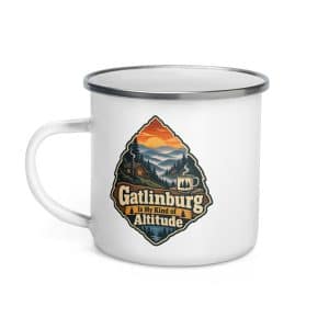 Gatlinburg and the Smokies Enamel Camp Mug: Gatlinburg Is My Kind of Altitude, Scenic Shield Badge - 12 oz - Left