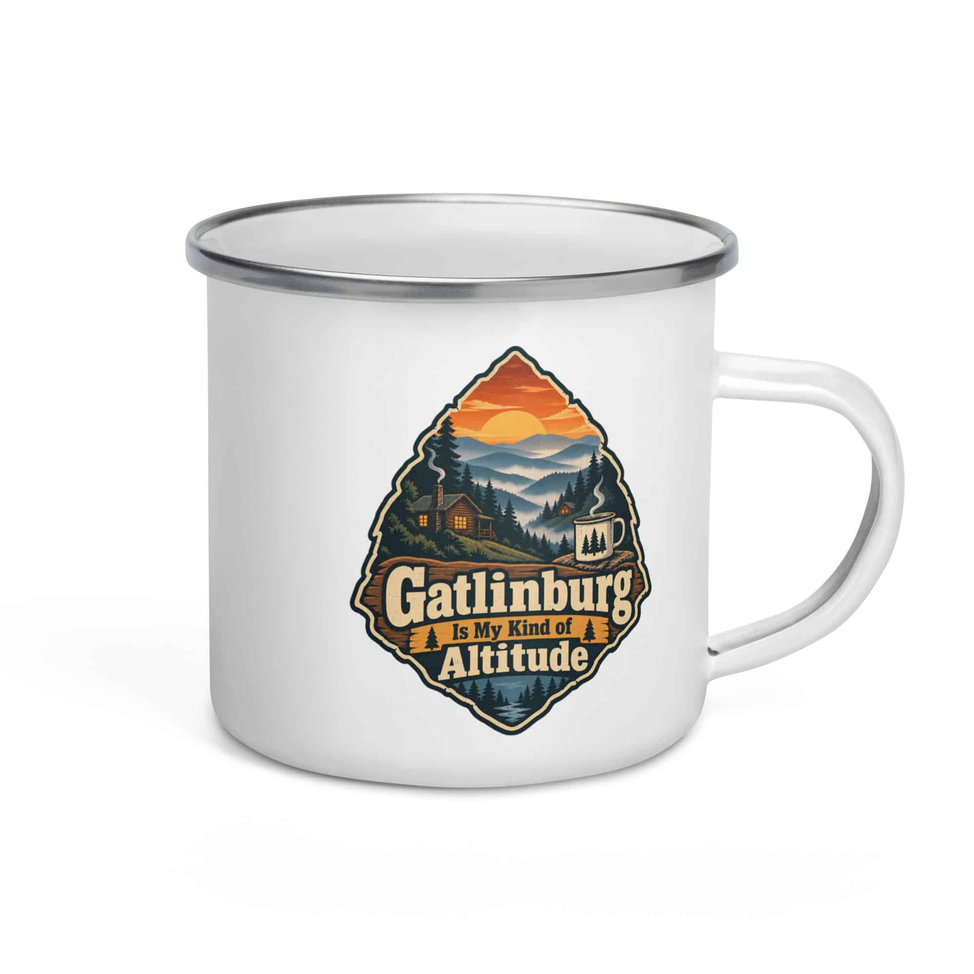 Gatlinburg and the Smokies Enamel Camp Mug: Gatlinburg Is My Kind of Altitude, Scenic Shield Badge