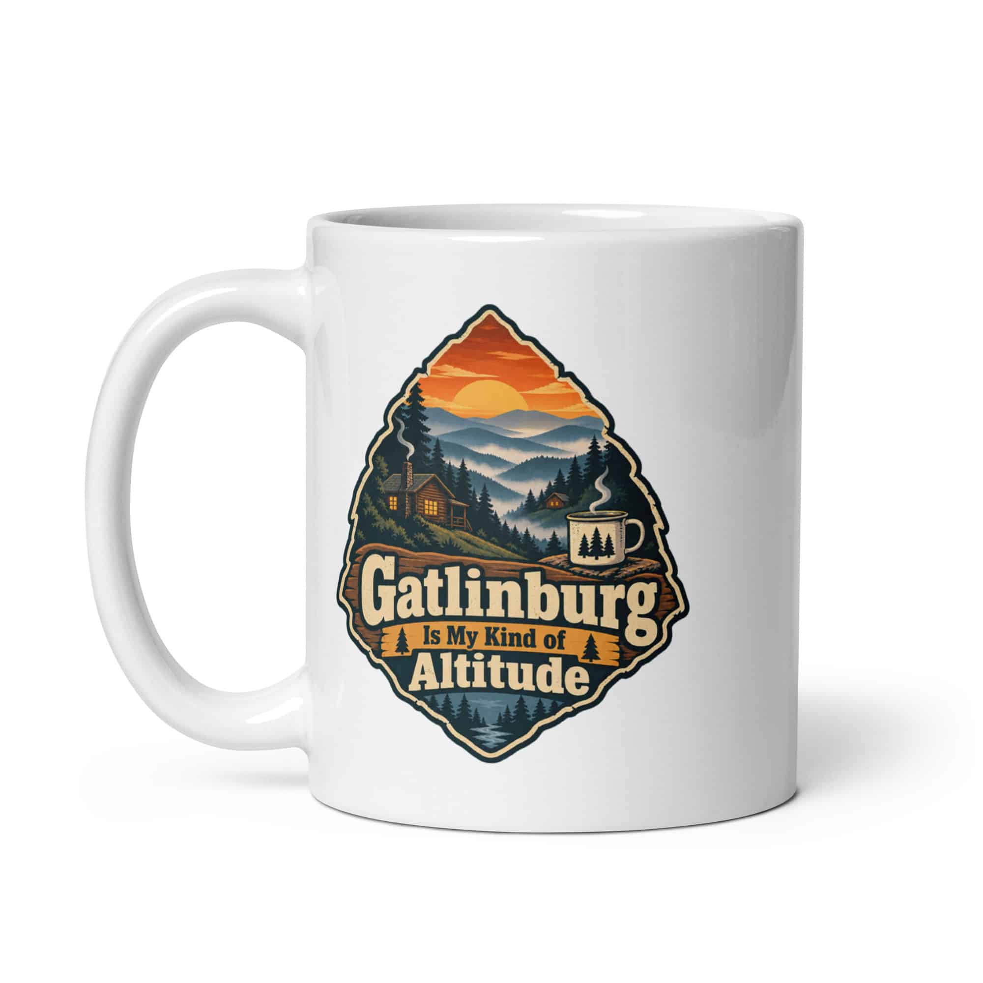 Gatlinburg and the Smokies White Ceramic Coffee Mug: Gatlinburg Is My Kind of Altitude, Scenic Shield Badge