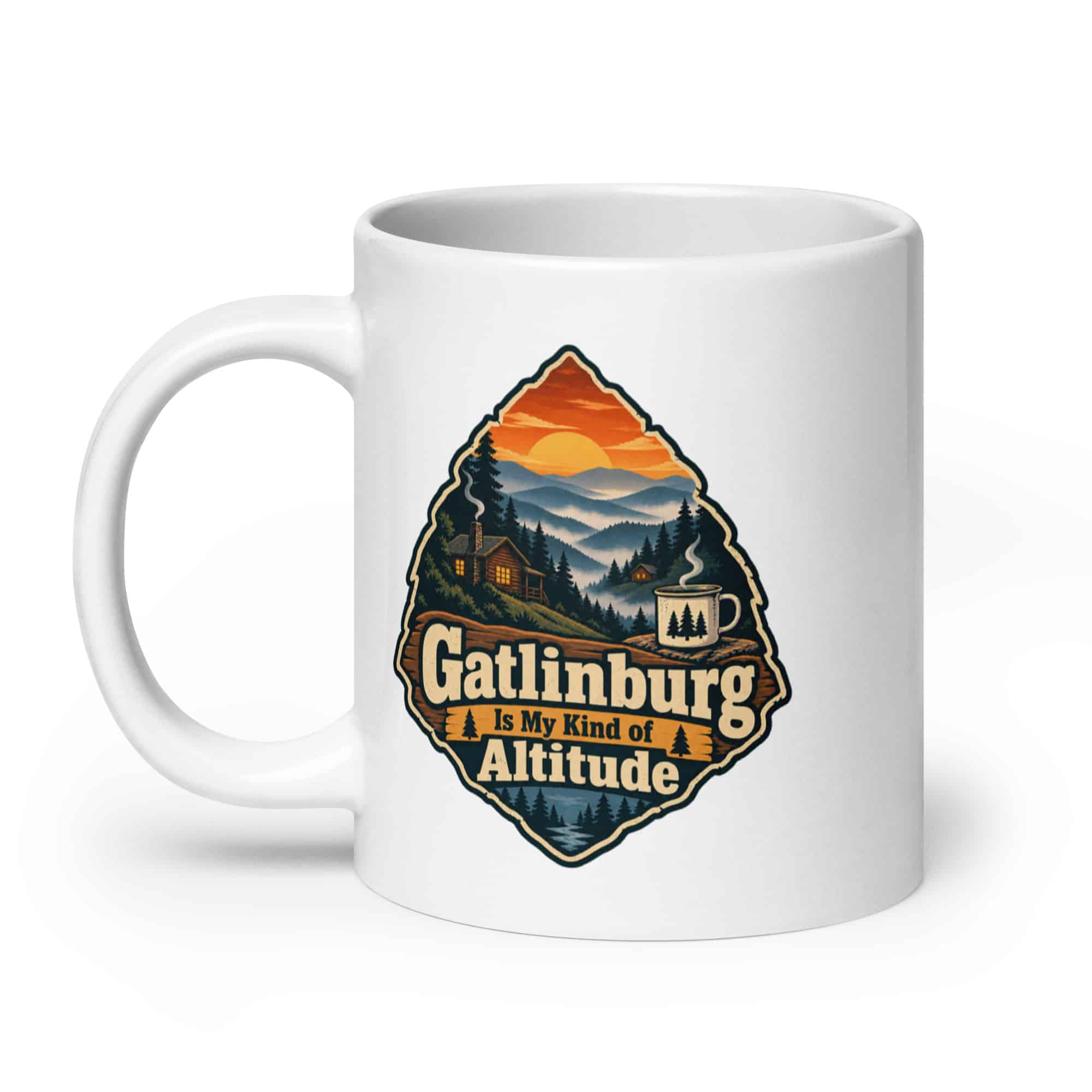 Gatlinburg and the Smokies White Ceramic Coffee Mug: Gatlinburg Is My Kind of Altitude, Scenic Shield Badge