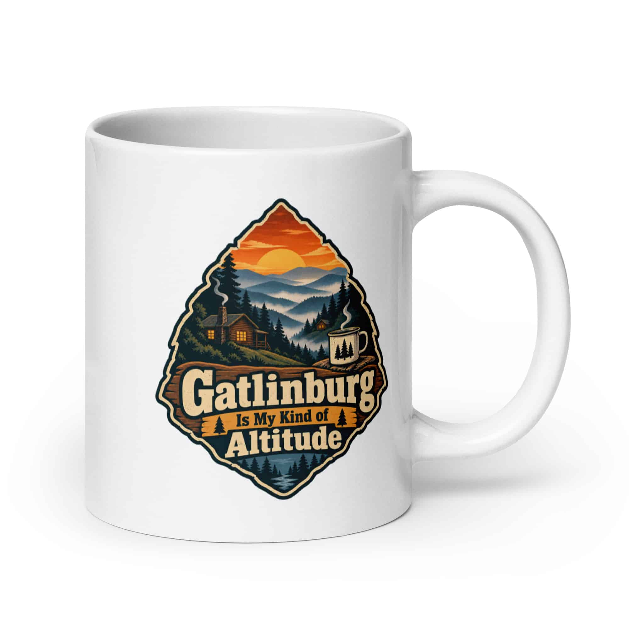Gatlinburg and the Smokies White Ceramic Coffee Mug: Gatlinburg Is My Kind of Altitude, Scenic Shield Badge
