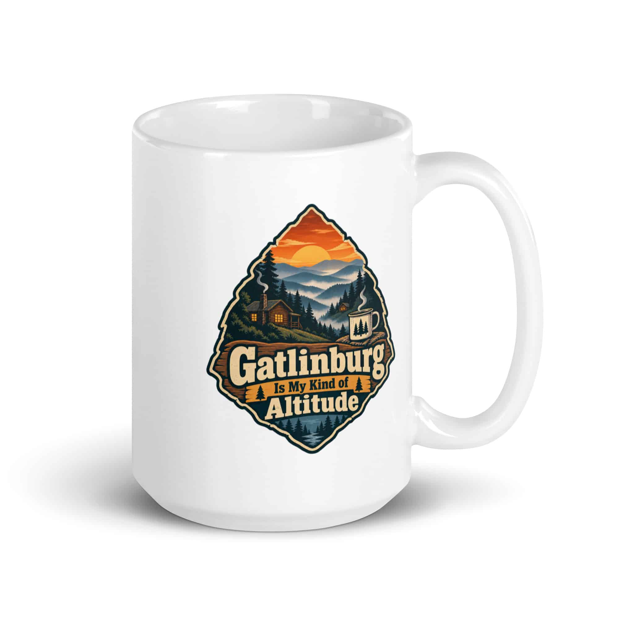 Gatlinburg and the Smokies White Ceramic Coffee Mug: Gatlinburg Is My Kind of Altitude, Scenic Shield Badge