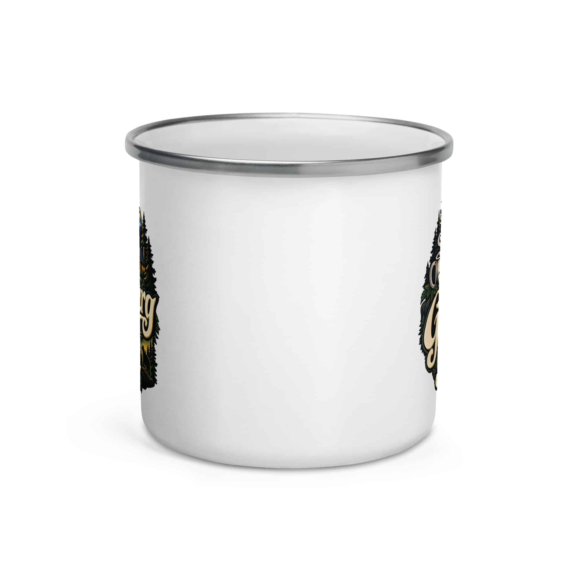 Gatlinburg and the Smokies Enamel Camp Mug: Gatlinburg Is My Kind of Altitude, Woodland Scenic Lettering