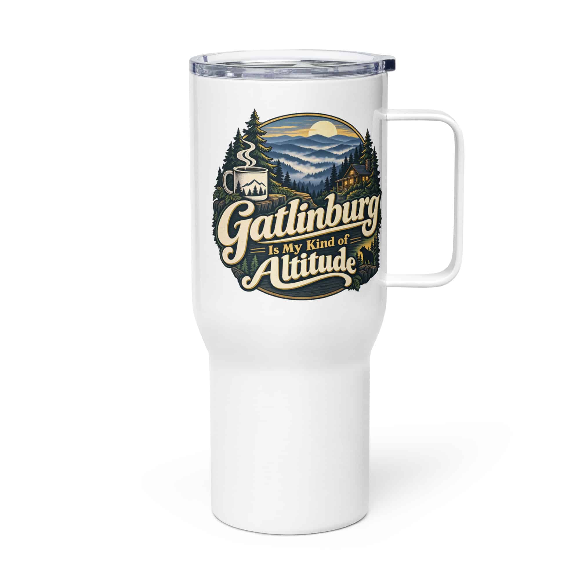 Gatlinburg and the Smokies Travel Mug: Gatlinburg Is My Kind of Altitude, Woodland Scenic Lettering