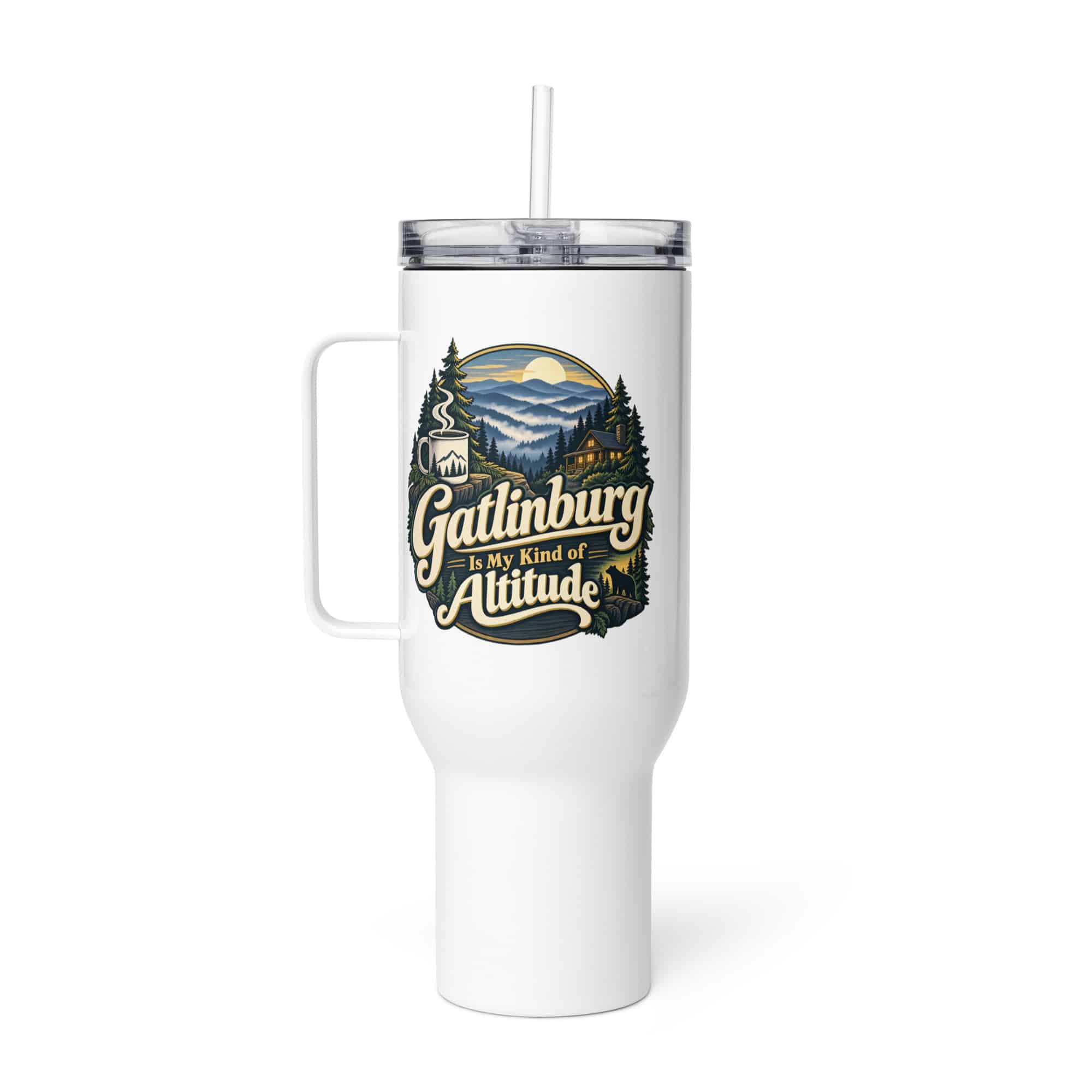 Gatlinburg and the Smokies Travel Mug: Gatlinburg Is My Kind of Altitude, Woodland Scenic Lettering