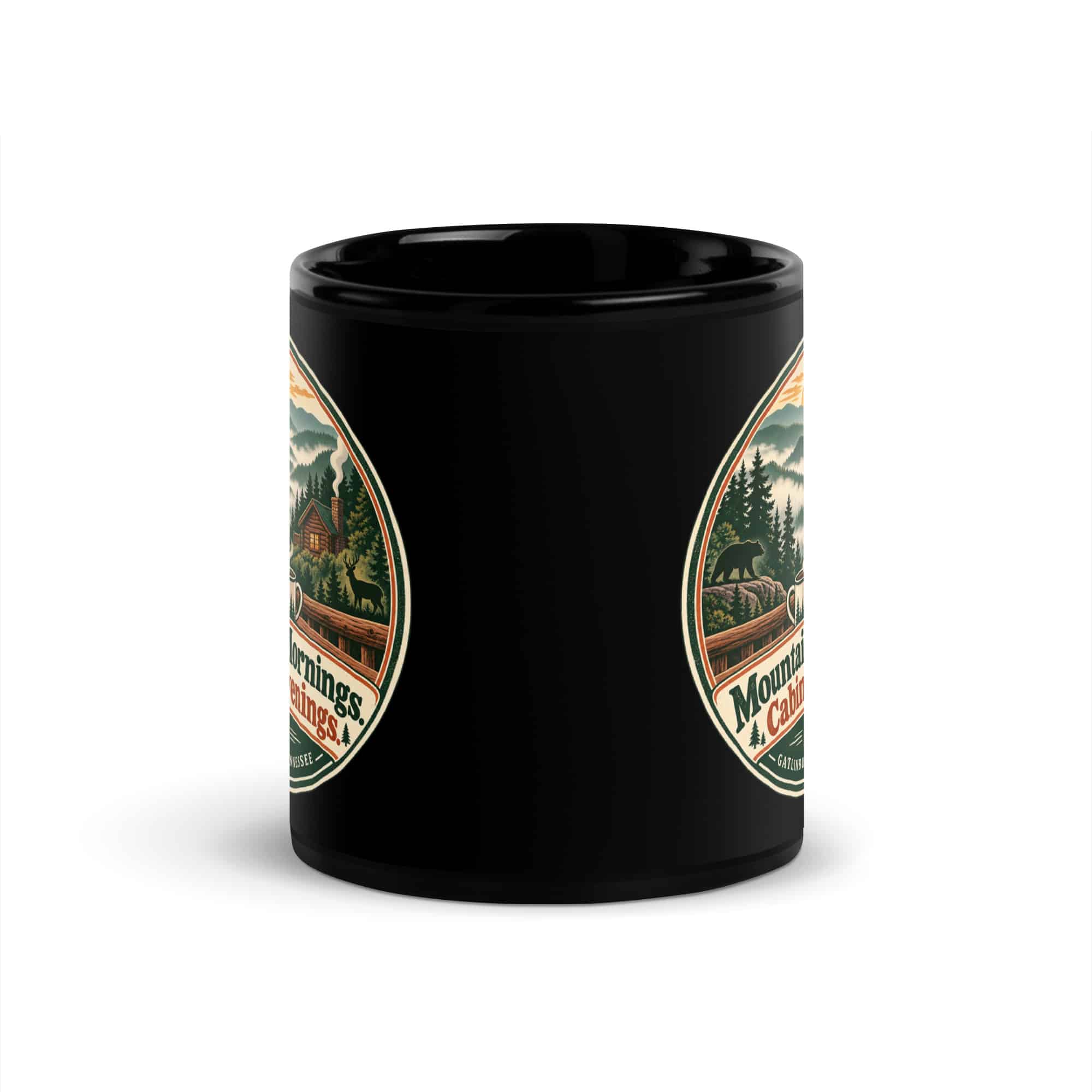 Gatlinburg and the Smokies Black Coffee Mug: Mountain Mornings. Cabin Evenings, Vintage Round Badge