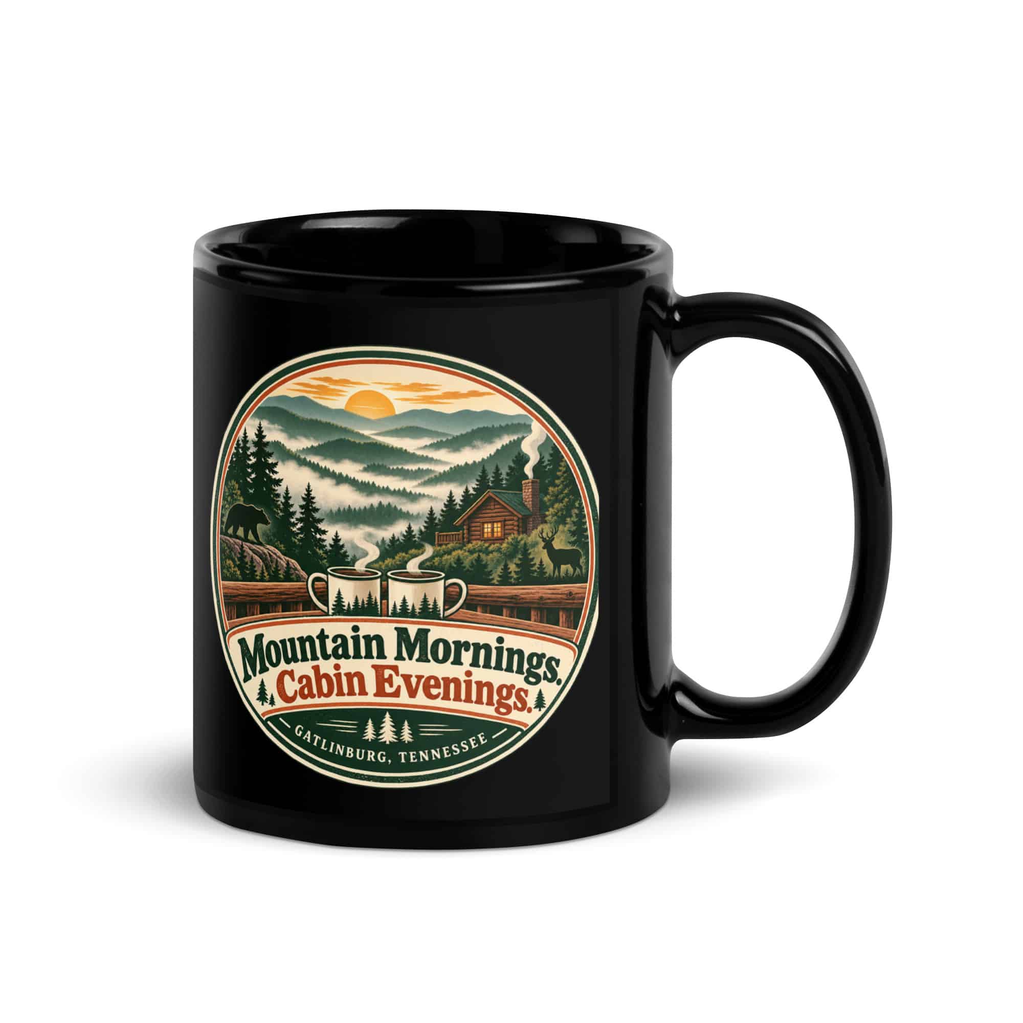 Gatlinburg and the Smokies Black Coffee Mug: Mountain Mornings. Cabin Evenings, Vintage Round Badge