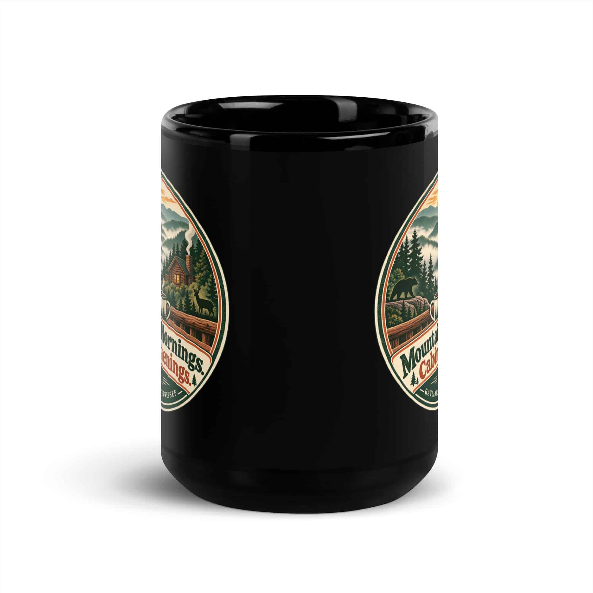 Gatlinburg and the Smokies Black Coffee Mug: Mountain Mornings. Cabin Evenings, Vintage Round Badge