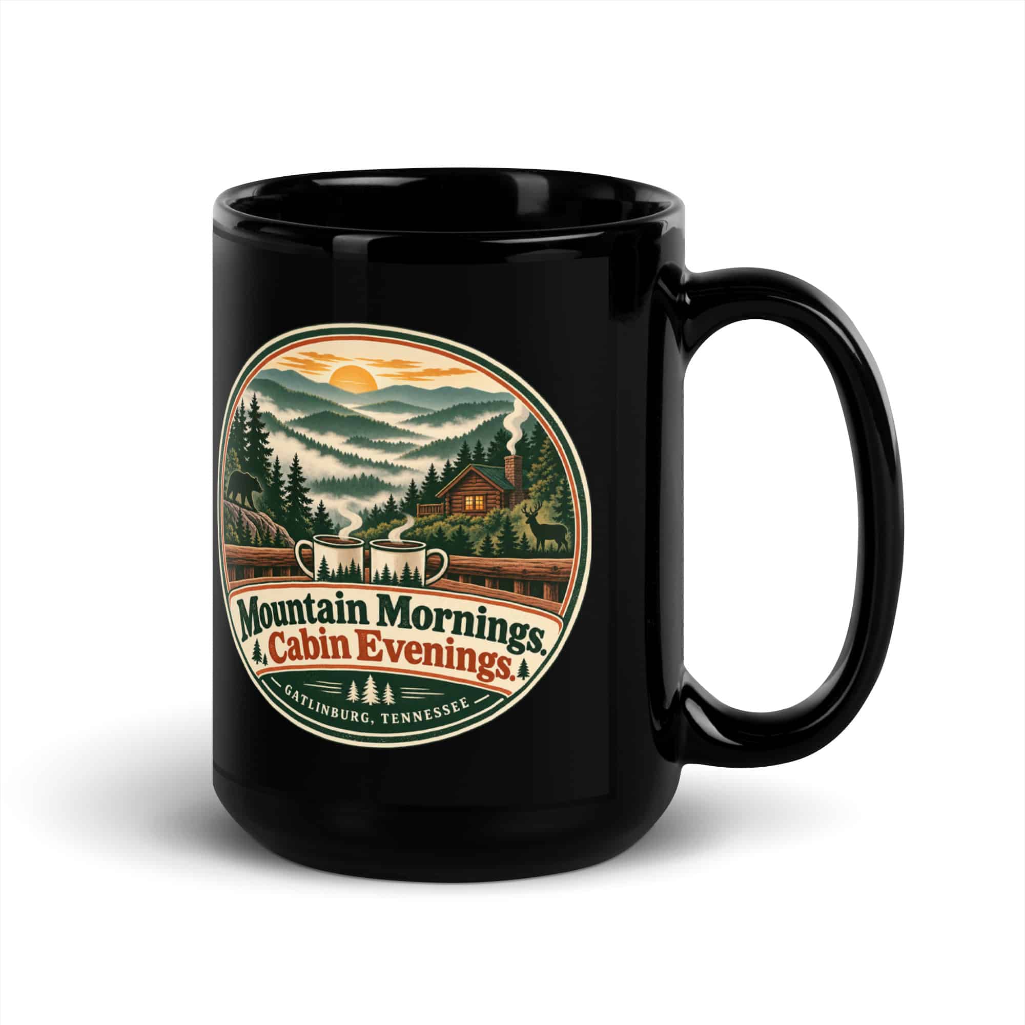 Gatlinburg and the Smokies Black Coffee Mug: Mountain Mornings. Cabin Evenings, Vintage Round Badge