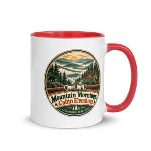 Gatlinburg and the Smokies Color Inside Coffee Mug: Mountain Mornings. Cabin Evenings, Vintage Round Badge - 11 oz - Main