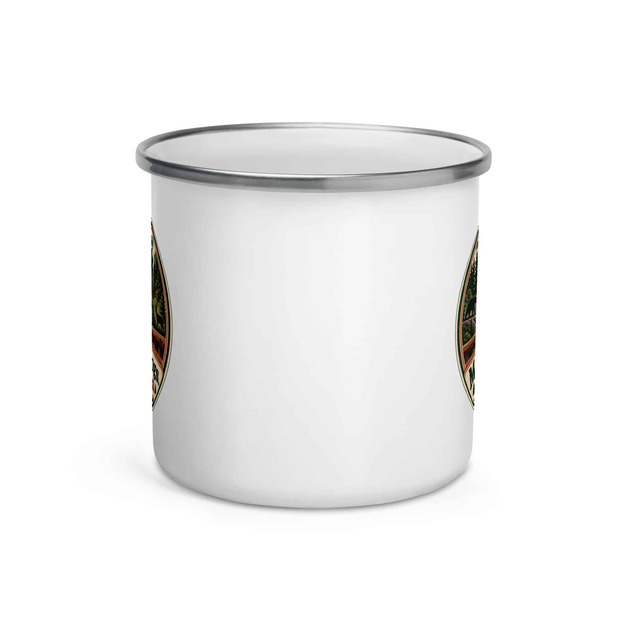 Gatlinburg and the Smokies Enamel Camp Mug: Mountain Mornings. Cabin Evenings, Vintage Round Badge