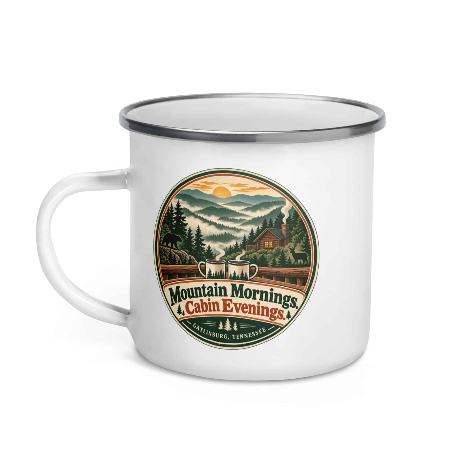 Gatlinburg and the Smokies Enamel Camp Mug: Mountain Mornings. Cabin Evenings, Vintage Round Badge