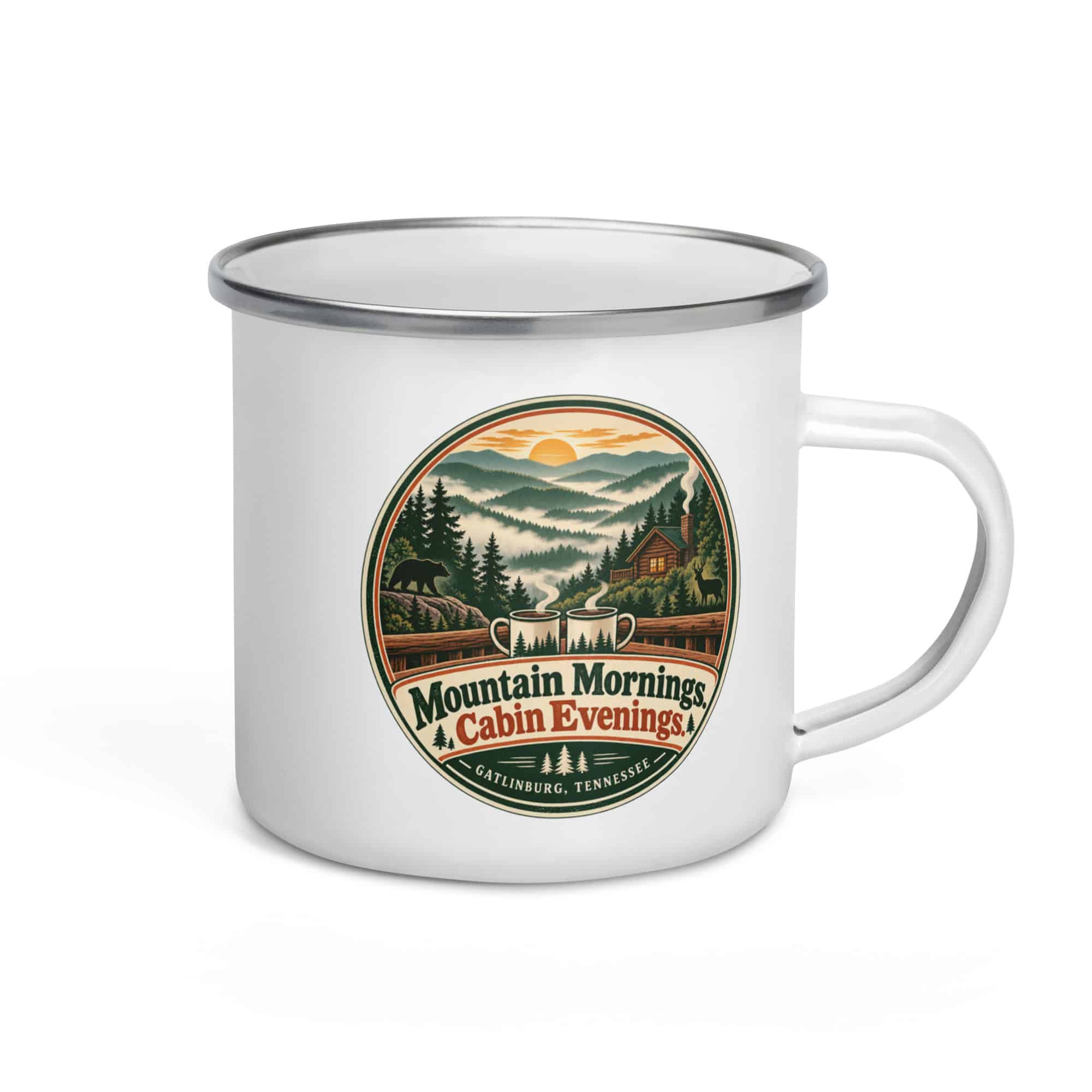 Gatlinburg and the Smokies Enamel Camp Mug: Mountain Mornings. Cabin Evenings, Vintage Round Badge