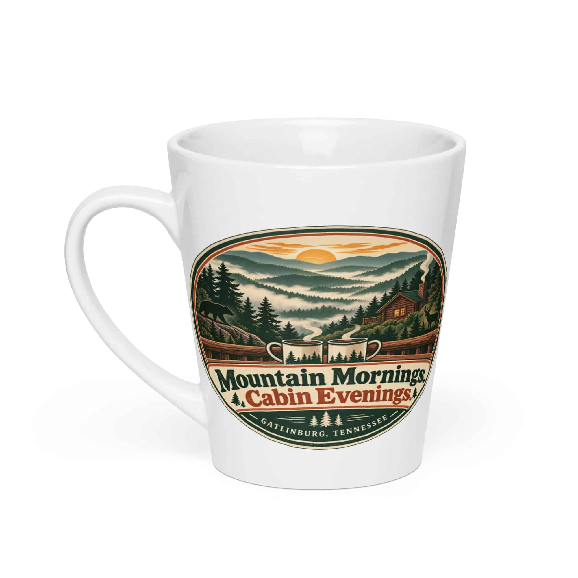 Gatlinburg and the Smokies Latte Mug: Mountain Mornings. Cabin Evenings, Vintage Round Badge