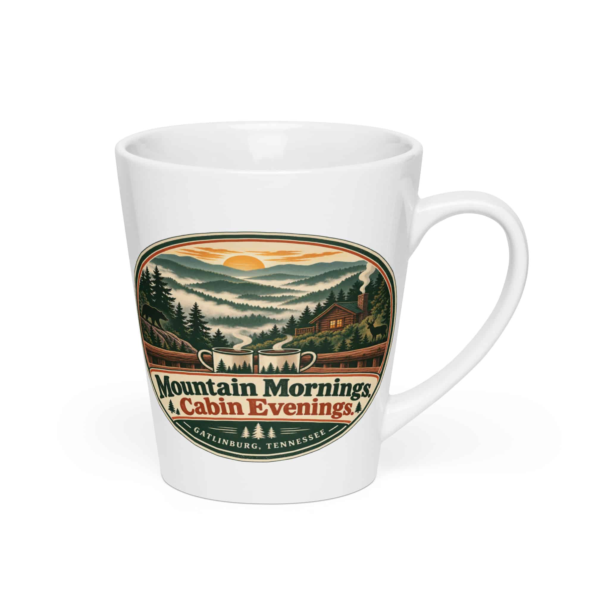 Gatlinburg and the Smokies Latte Mug: Mountain Mornings. Cabin Evenings, Vintage Round Badge