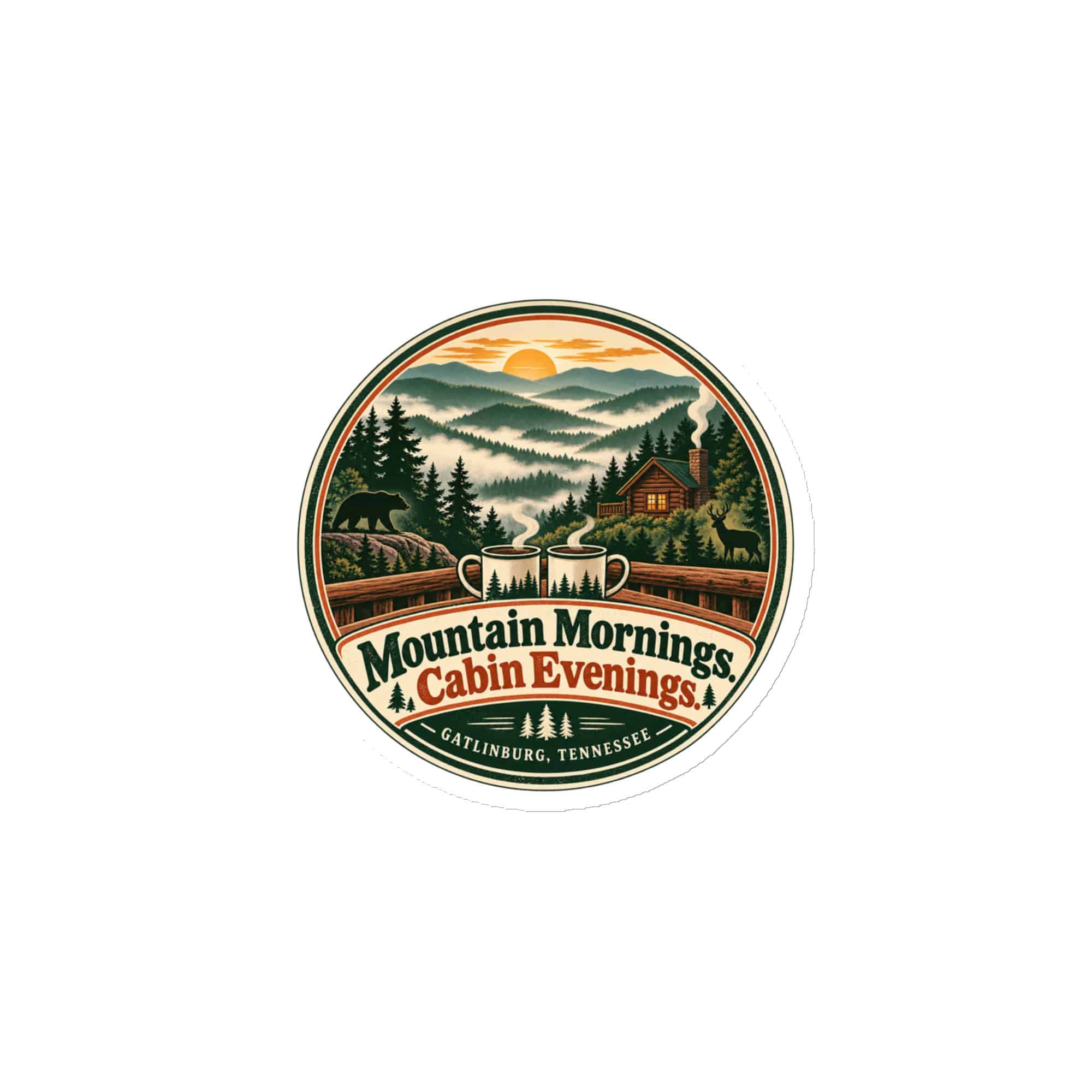 Gatlinburg and the Smokies Die-Cut Magnet: Mountain Mornings. Cabin Evenings, Vintage Round Badge