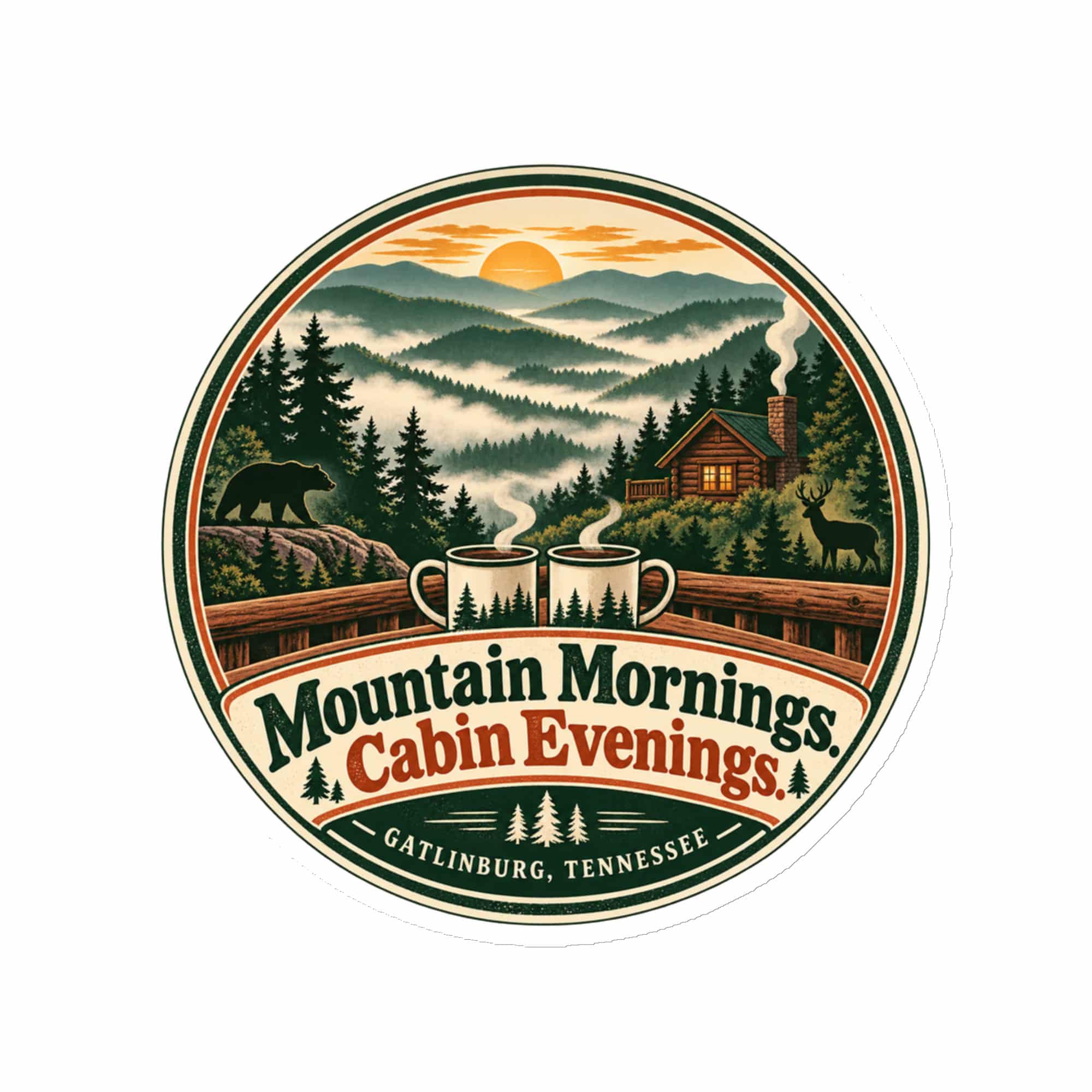 Gatlinburg and the Smokies Die-Cut Magnet: Mountain Mornings. Cabin Evenings, Vintage Round Badge
