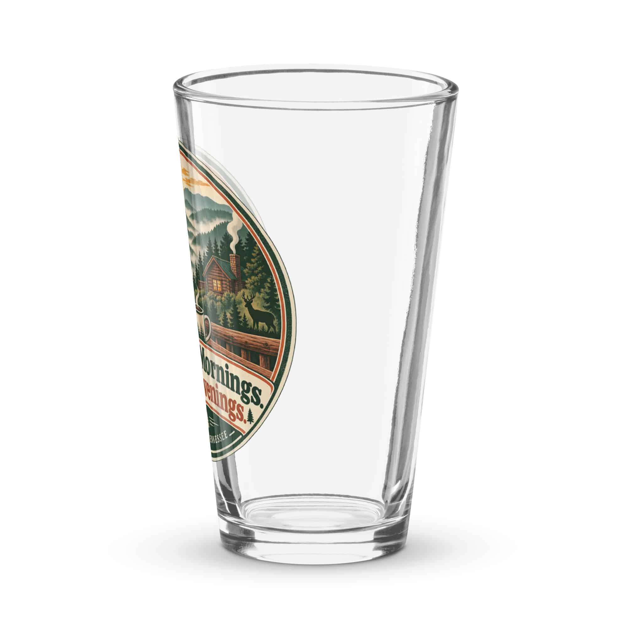 Gatlinburg and the Smokies Pint Glass: Mountain Mornings. Cabin Evenings, Vintage Round Badge