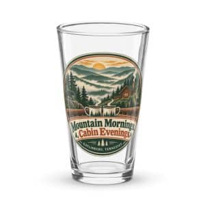 Gatlinburg and the Smokies Pint Glass: Mountain Mornings. Cabin Evenings, Vintage Round Badge - 16 oz - Main