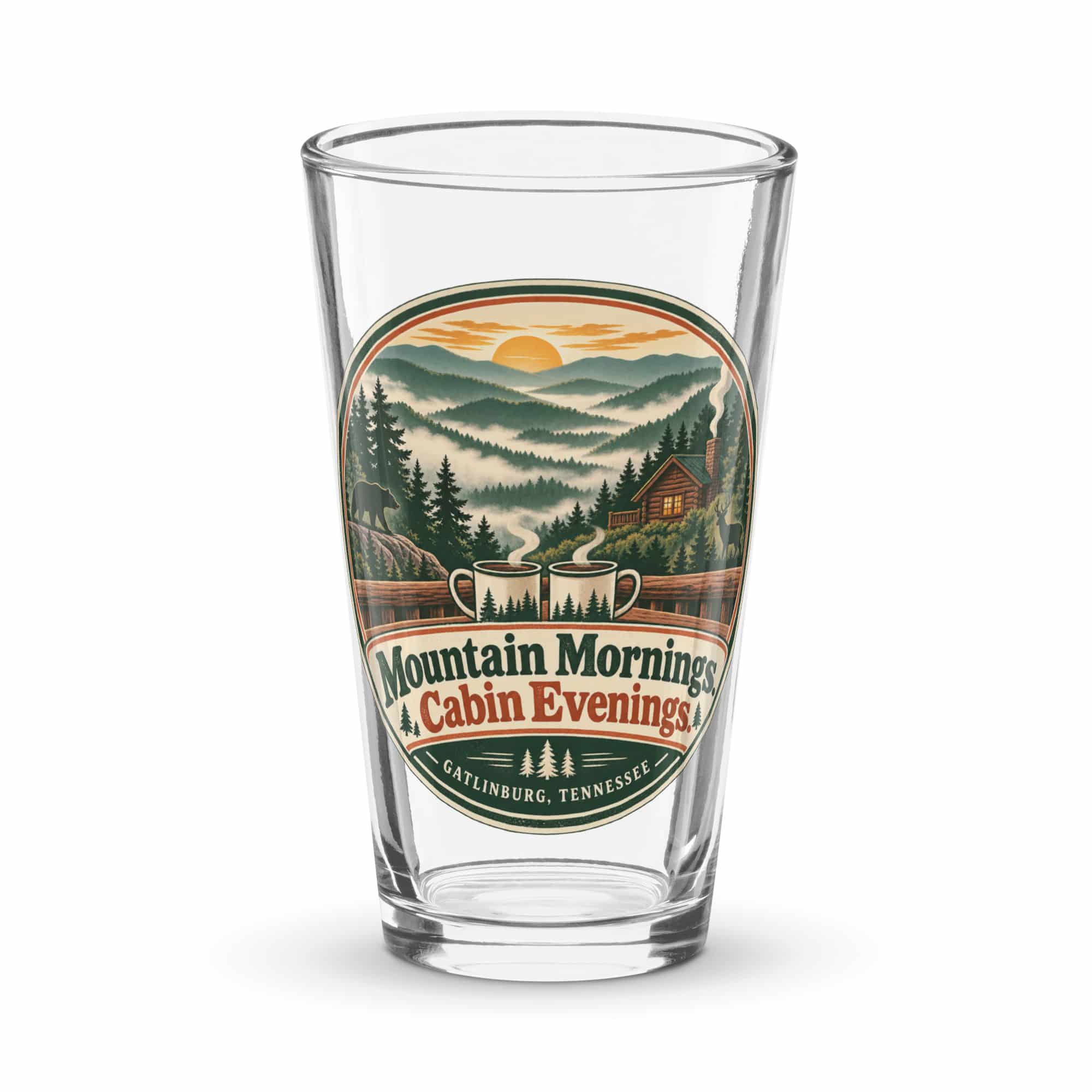 Gatlinburg and the Smokies Pint Glass: Mountain Mornings. Cabin Evenings, Vintage Round Badge