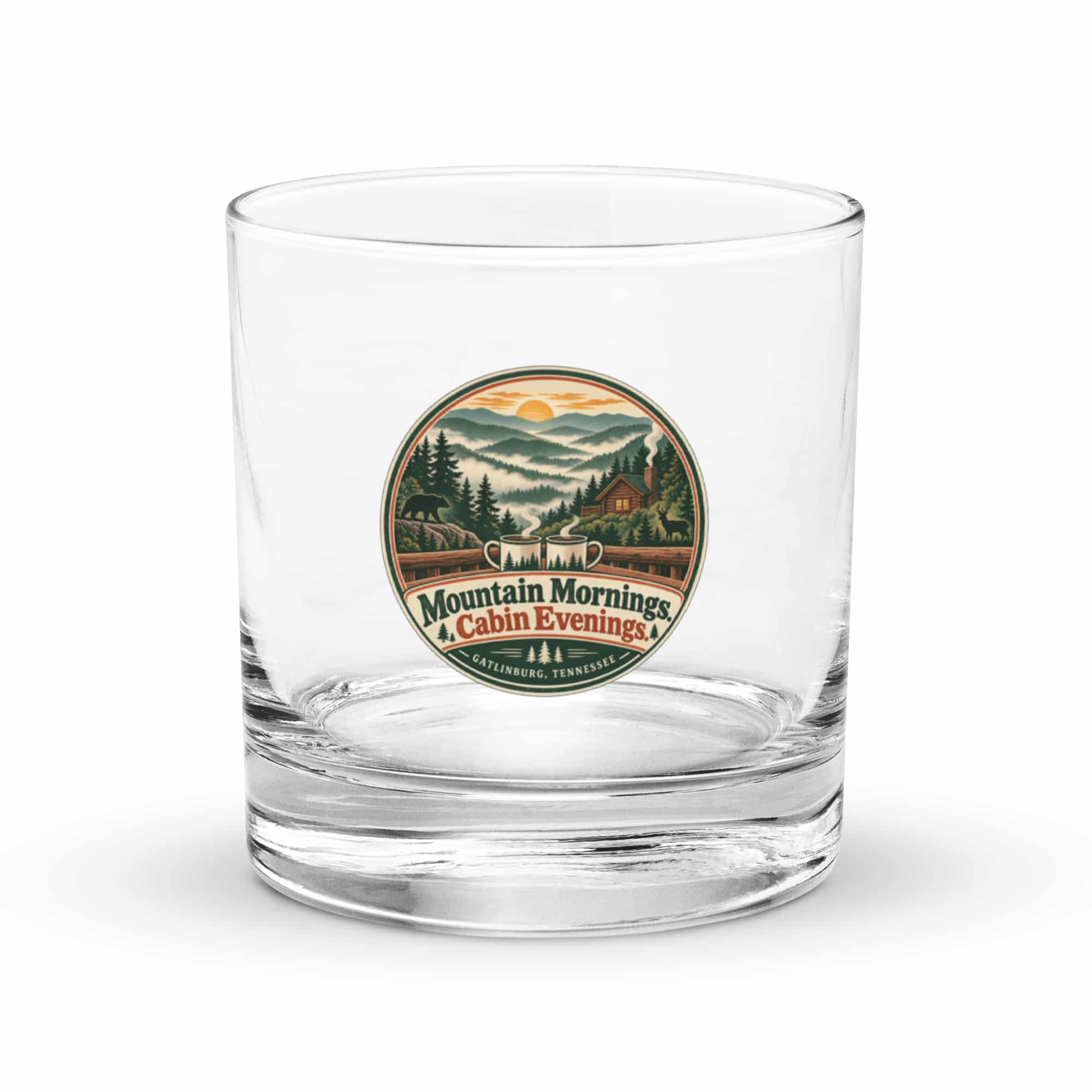 Gatlinburg and the Smokies Rocks Glass: Mountain Mornings. Cabin Evenings, Vintage Round Badge