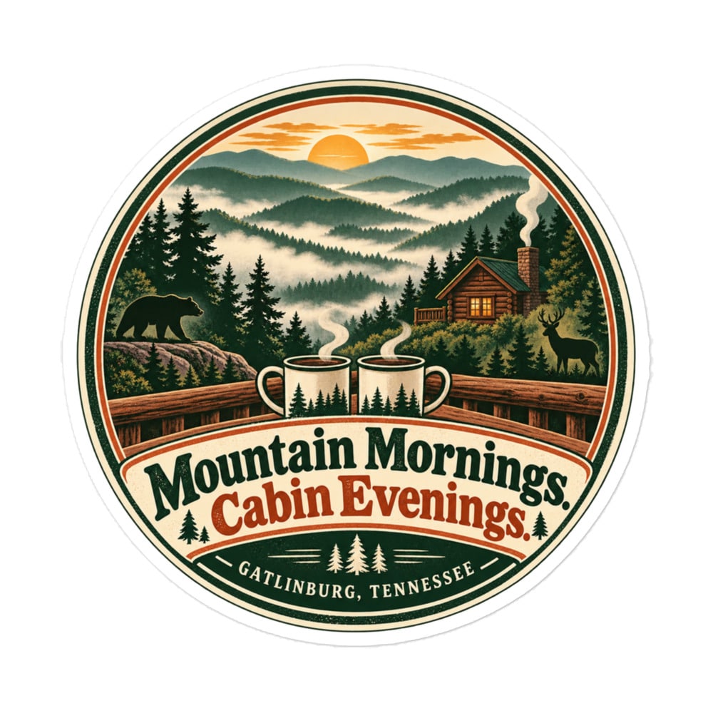 Gatlinburg and the Smokies Vinyl Sticker: Mountain Mornings. Cabin Evenings, Vintage Round Badge