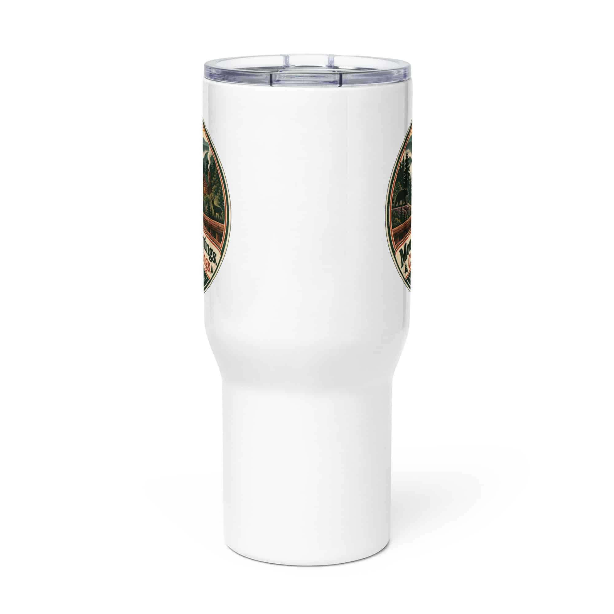 Gatlinburg and the Smokies Travel Mug: Mountain Mornings. Cabin Evenings, Vintage Round Badge