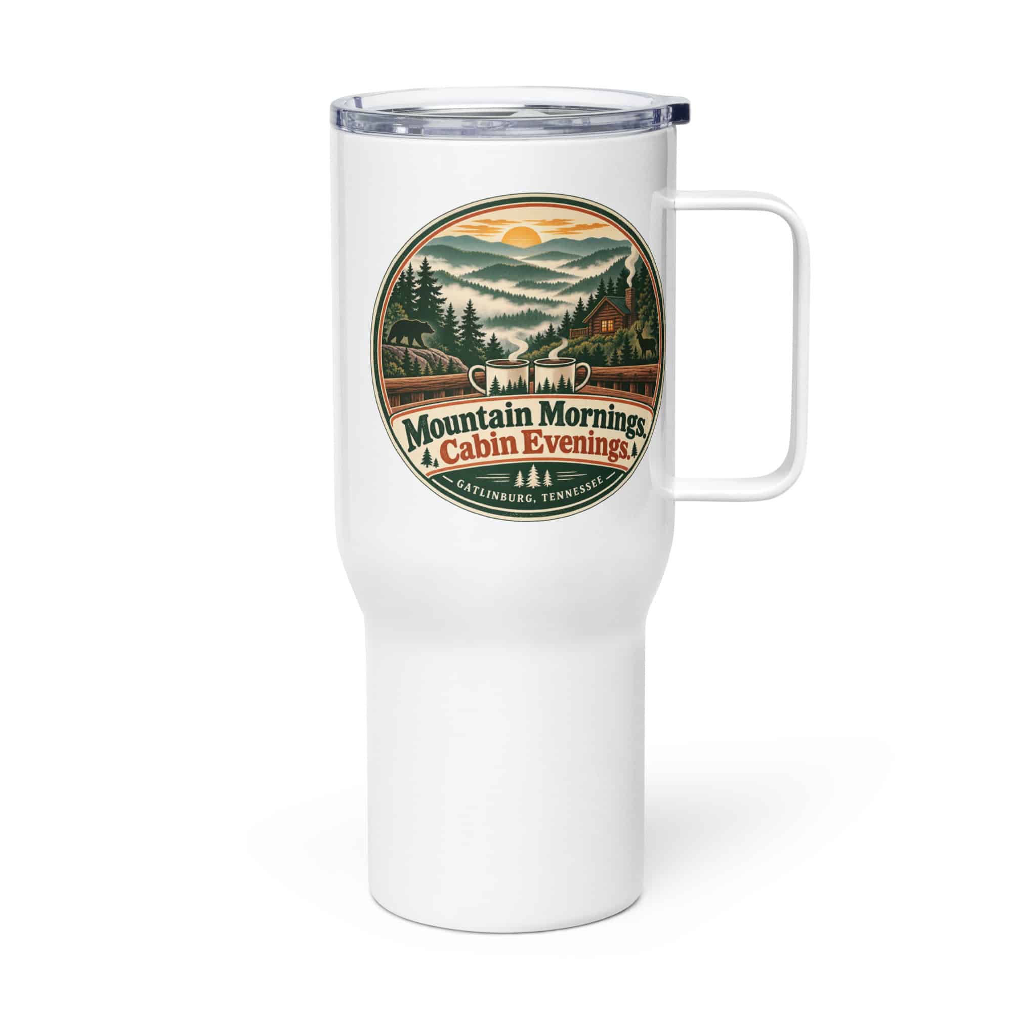 Gatlinburg and the Smokies Travel Mug: Mountain Mornings. Cabin Evenings, Vintage Round Badge