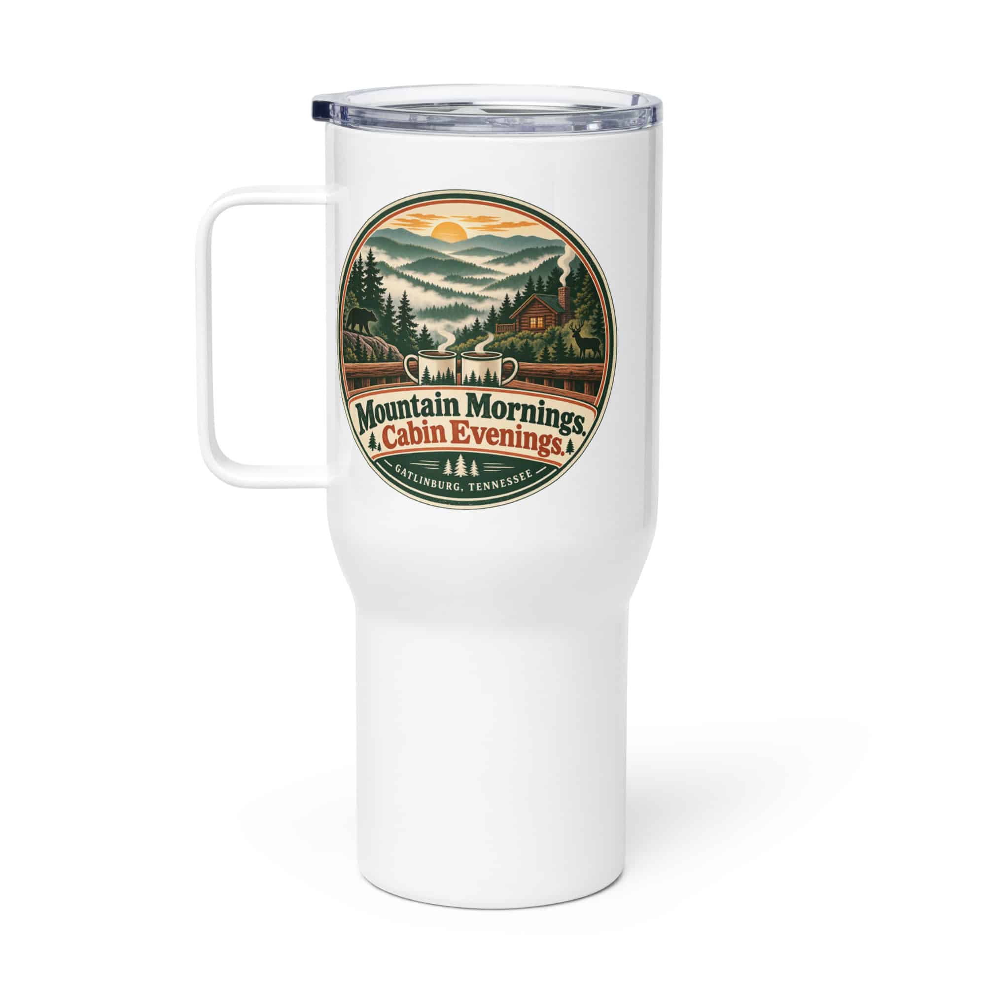 Gatlinburg and the Smokies Travel Mug: Mountain Mornings. Cabin Evenings, Vintage Round Badge