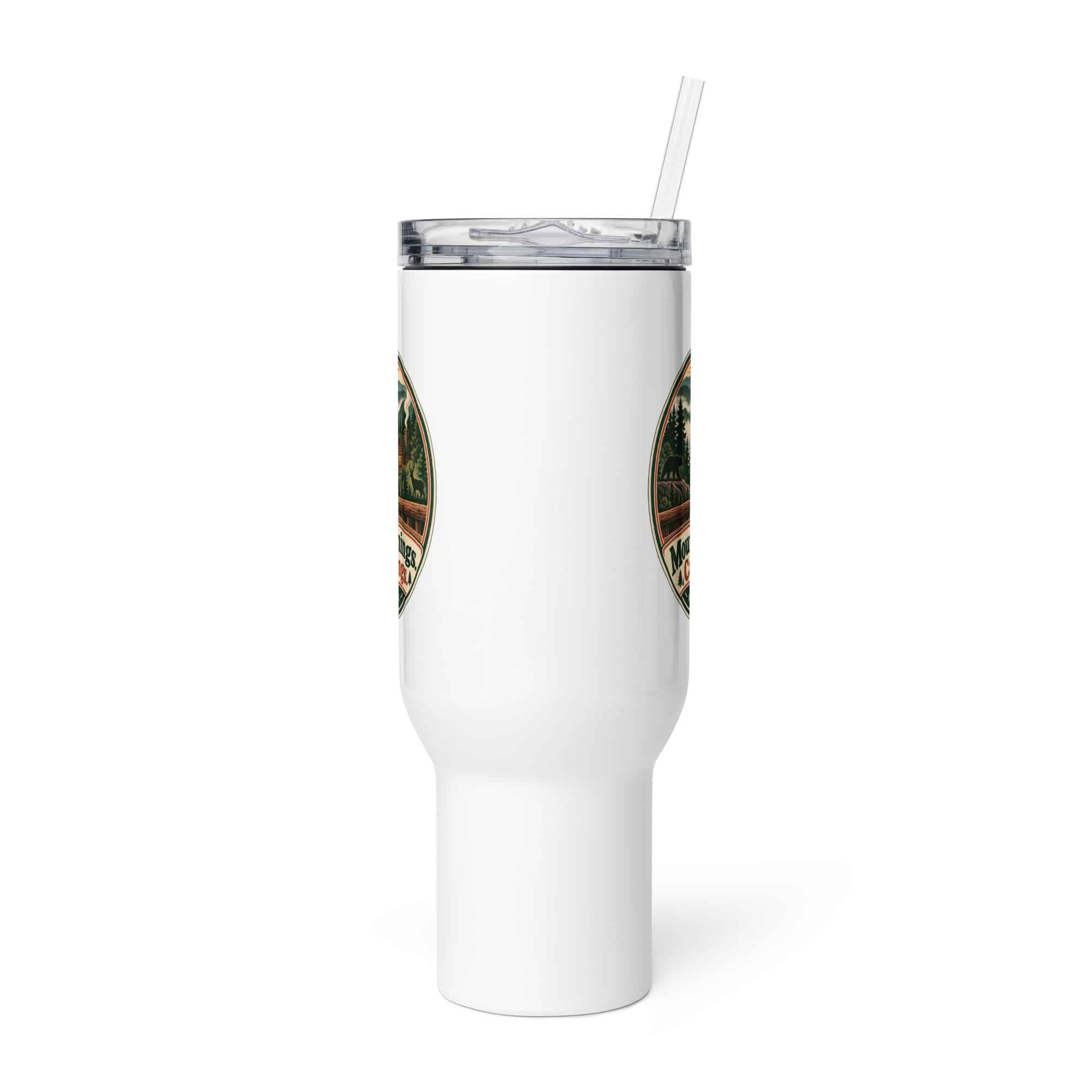 Gatlinburg and the Smokies Travel Mug: Mountain Mornings. Cabin Evenings, Vintage Round Badge
