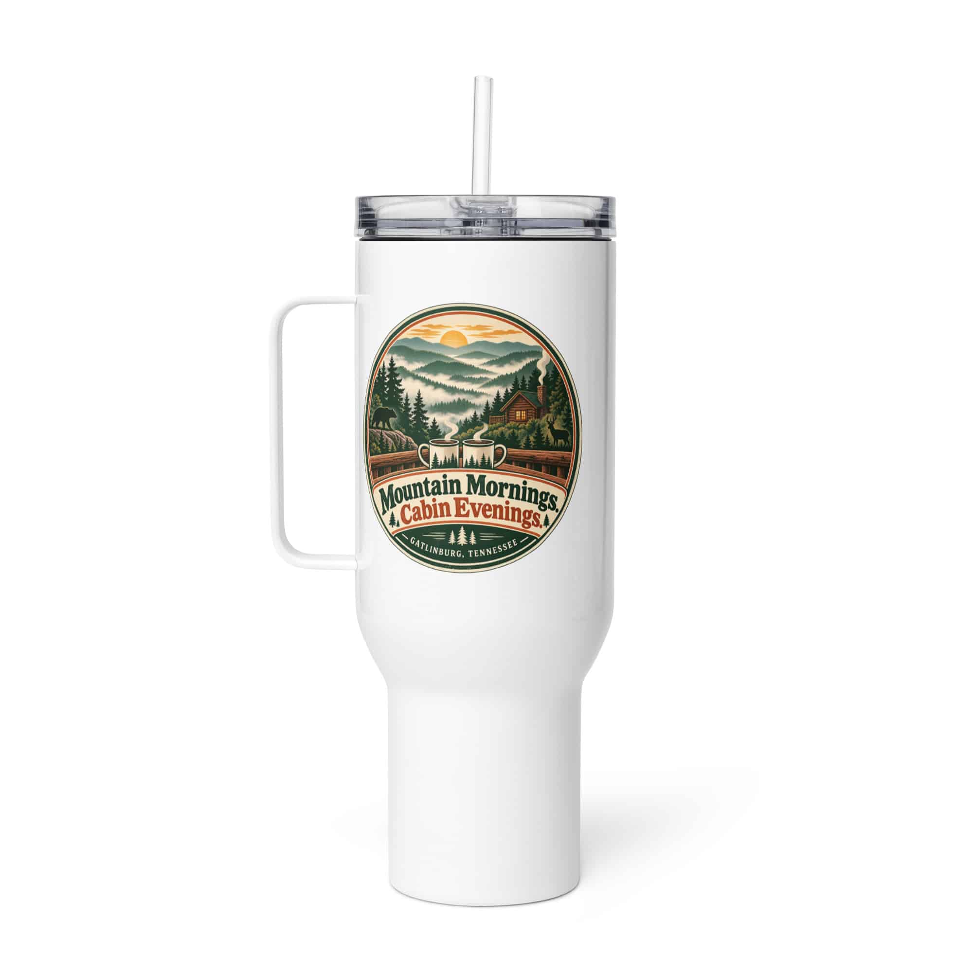 Gatlinburg and the Smokies Travel Mug: Mountain Mornings. Cabin Evenings, Vintage Round Badge