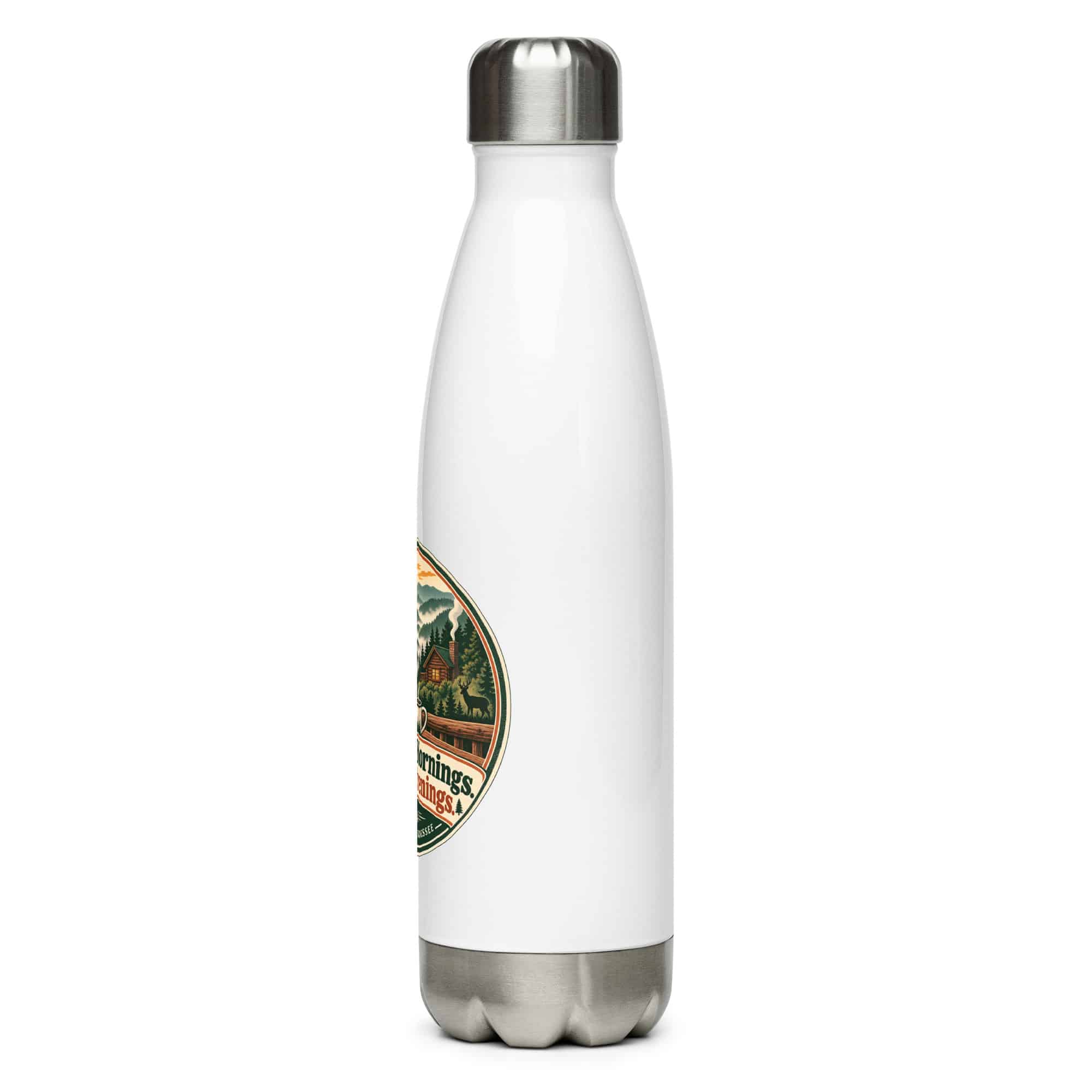 Gatlinburg and the Smokies Stainless Steel Water Bottle: Mountain Mornings. Cabin Evenings, Vintage Round Badge