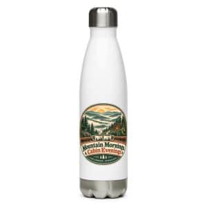 Gatlinburg and the Smokies Stainless Steel Water Bottle: Mountain Mornings. Cabin Evenings, Vintage Round Badge - 17 oz - Main