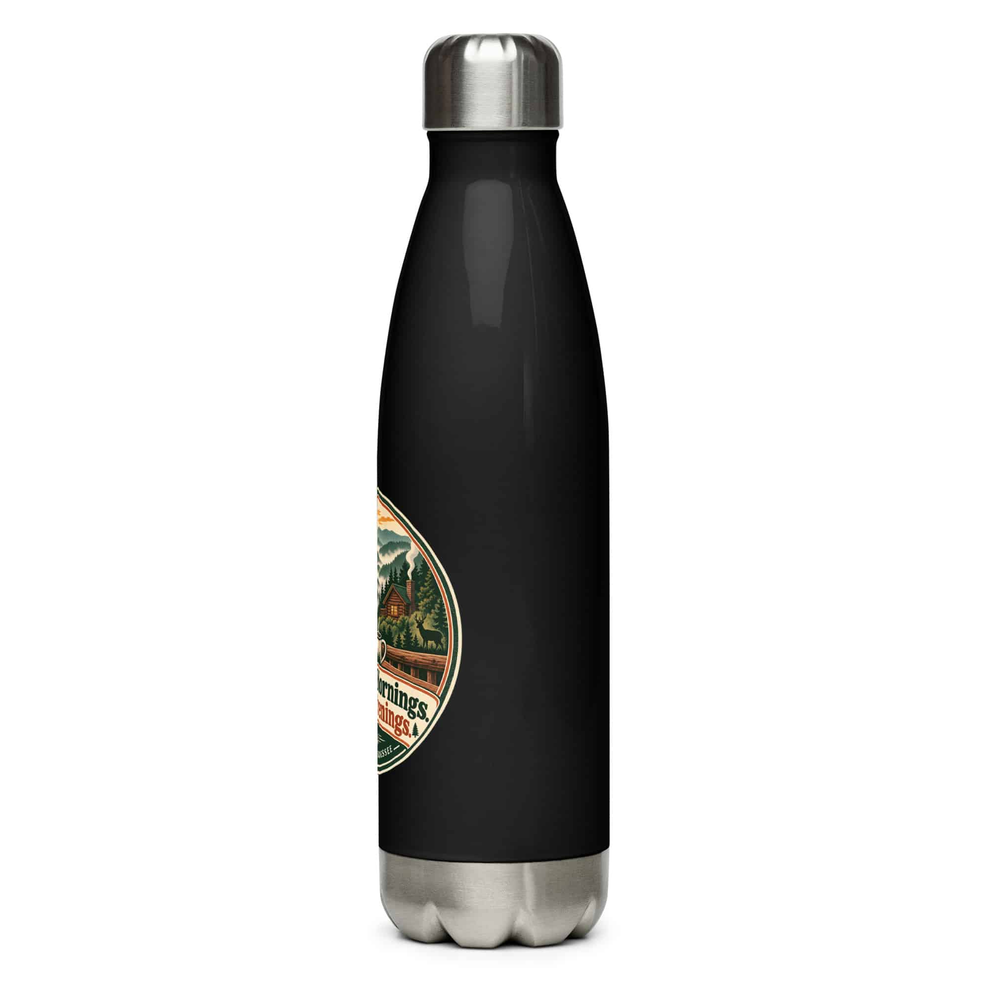 Gatlinburg and the Smokies Stainless Steel Water Bottle: Mountain Mornings. Cabin Evenings, Vintage Round Badge