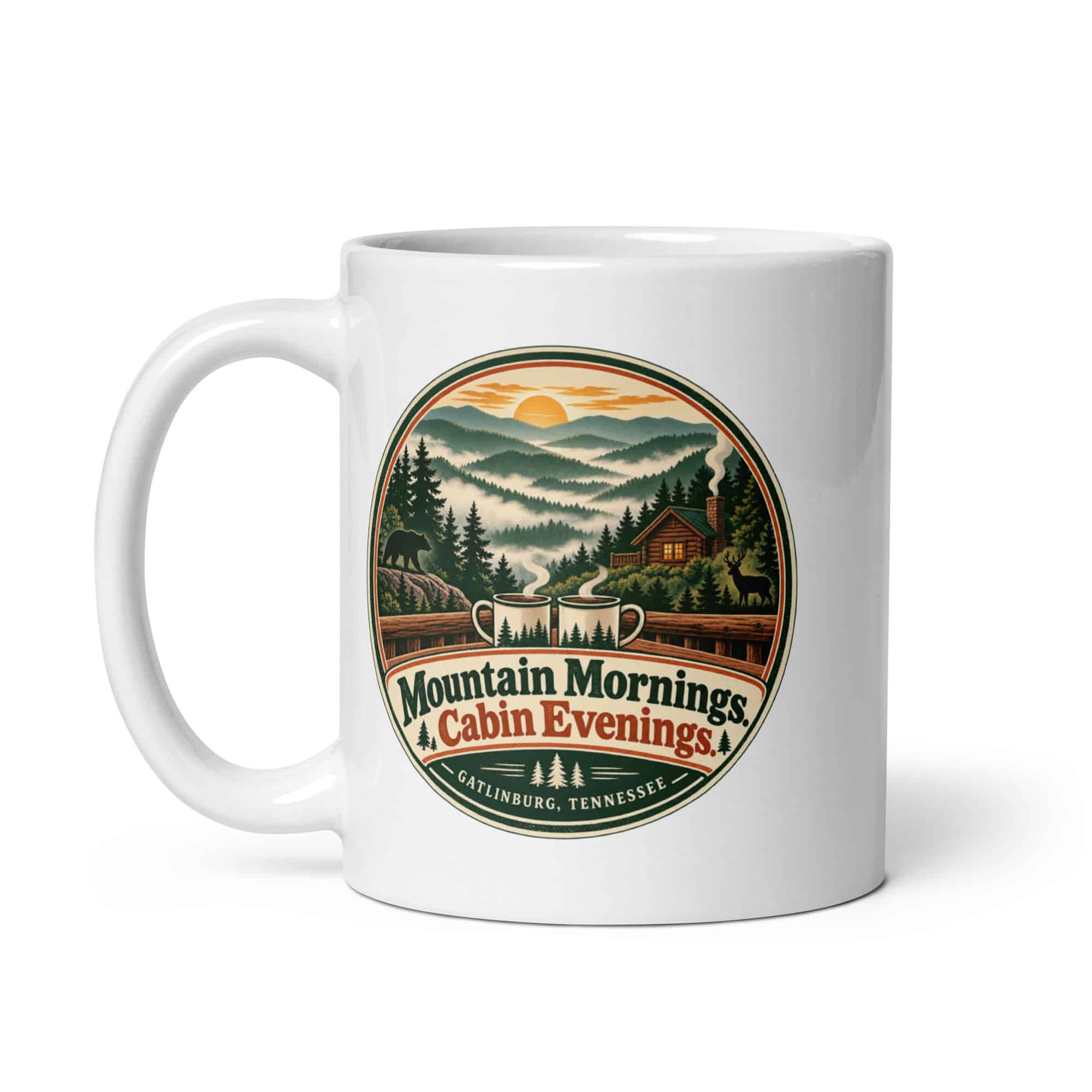 Gatlinburg and the Smokies White Ceramic Coffee Mug: Mountain Mornings. Cabin Evenings, Vintage Round Badge