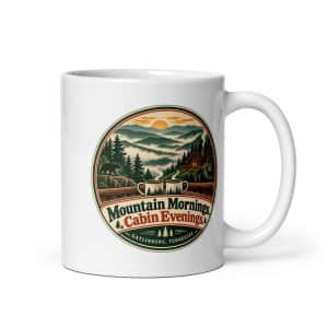 Gatlinburg and the Smokies White Ceramic Coffee Mug: Mountain Mornings. Cabin Evenings, Vintage Round Badge - 11 oz - Main