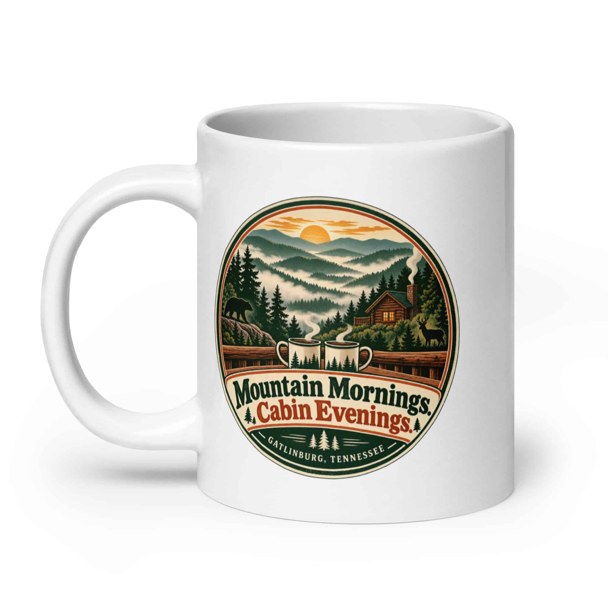 Gatlinburg and the Smokies White Ceramic Coffee Mug: Mountain Mornings. Cabin Evenings, Vintage Round Badge