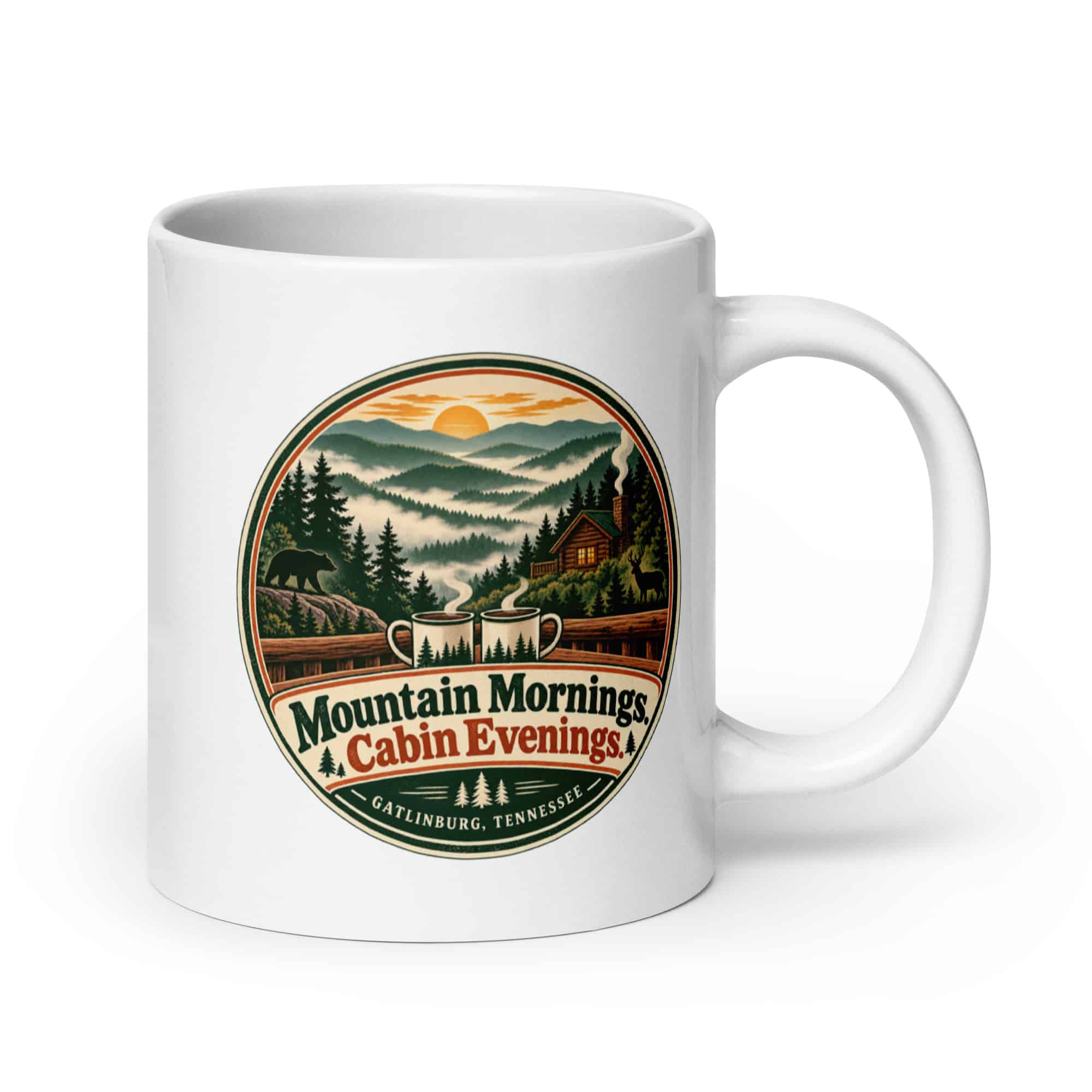 Gatlinburg and the Smokies White Ceramic Coffee Mug: Mountain Mornings. Cabin Evenings, Vintage Round Badge
