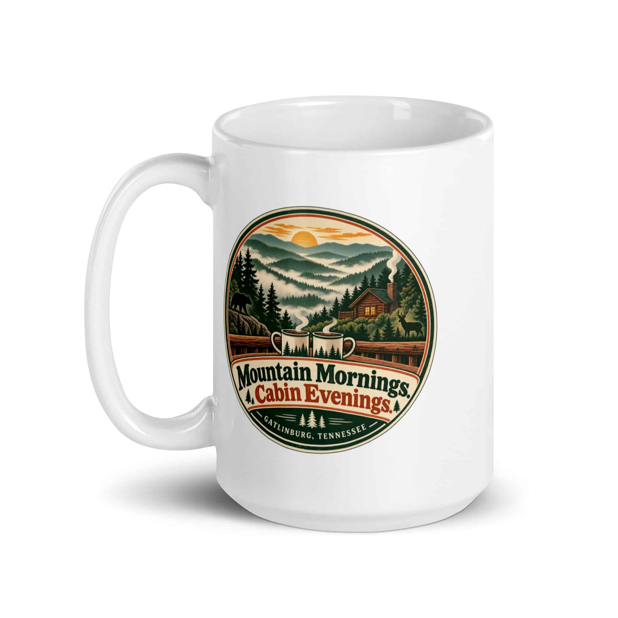 Gatlinburg and the Smokies White Ceramic Coffee Mug: Mountain Mornings. Cabin Evenings, Vintage Round Badge