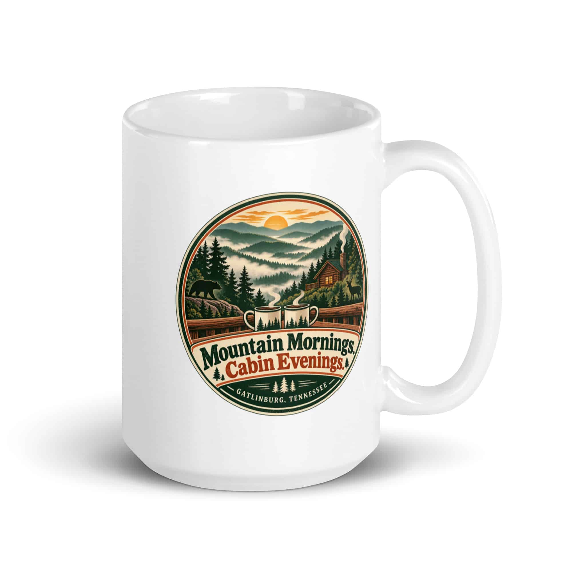 Gatlinburg and the Smokies White Ceramic Coffee Mug: Mountain Mornings. Cabin Evenings, Vintage Round Badge