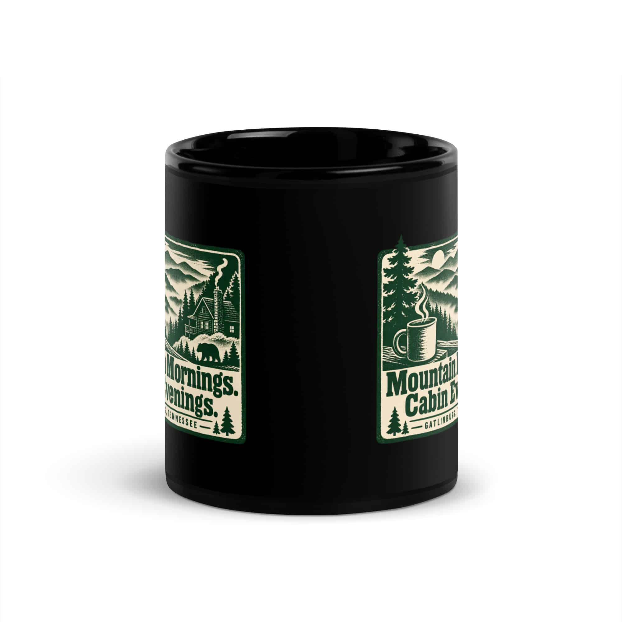 Gatlinburg and the Smokies Black Coffee Mug: Mountain Mornings. Cabin Evenings, Forest Ink Stamp