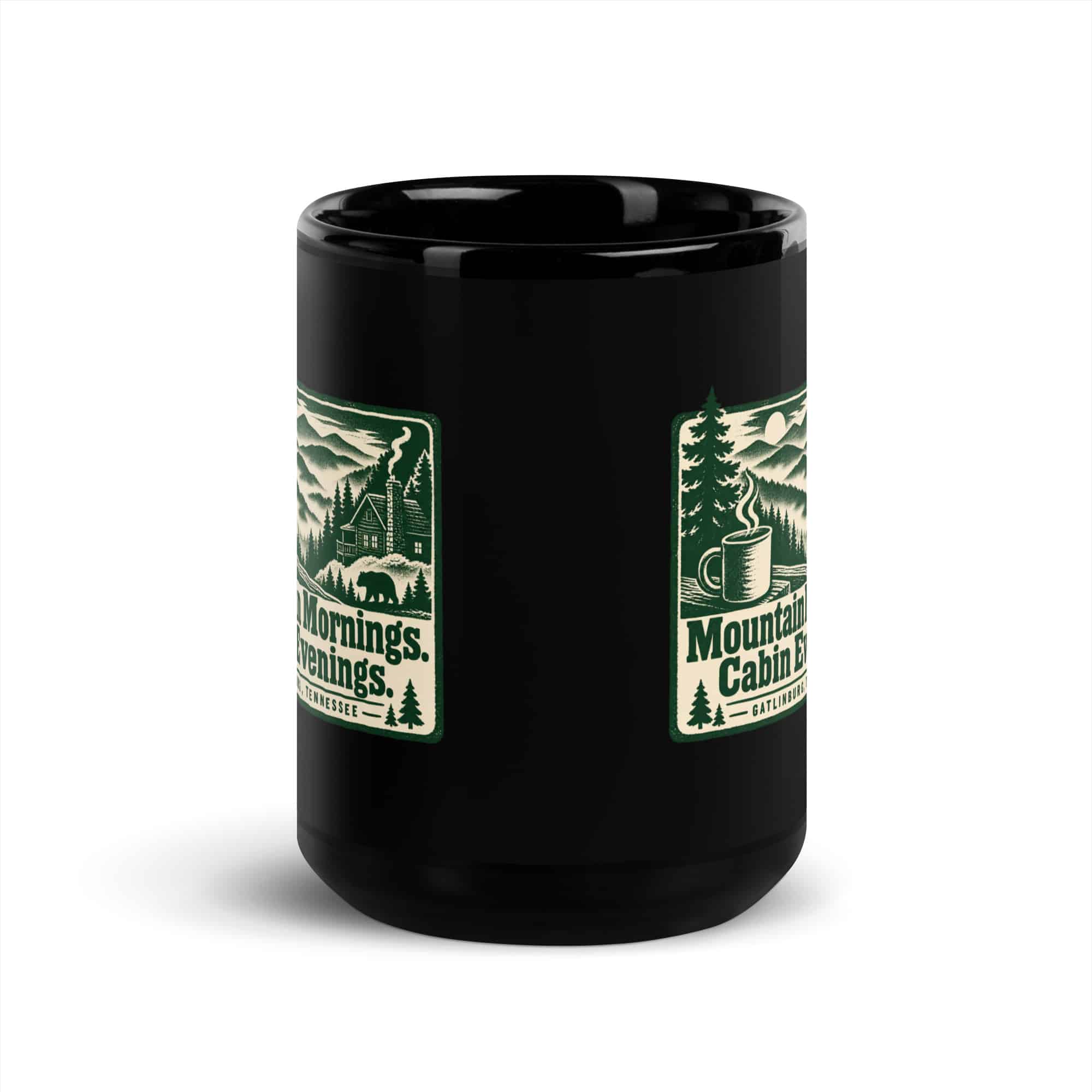 Gatlinburg and the Smokies Black Coffee Mug: Mountain Mornings. Cabin Evenings, Forest Ink Stamp