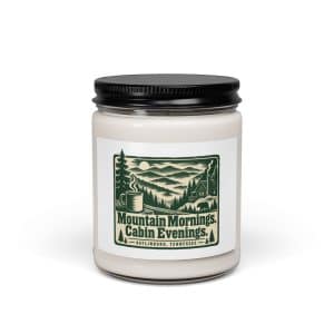 Gatlinburg and the Smokies Soy Wax Candle: Mountain Mornings. Cabin Evenings, Forest Ink Stamp - 9oz - Main