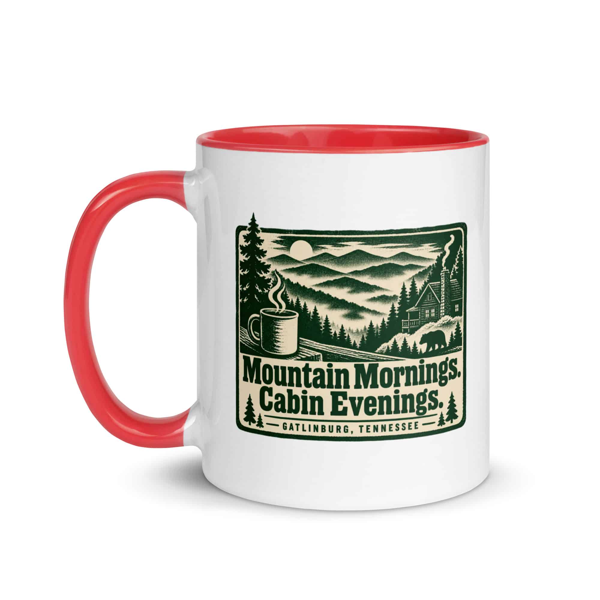 Gatlinburg and the Smokies Color Inside Coffee Mug: Mountain Mornings. Cabin Evenings, Forest Ink Stamp