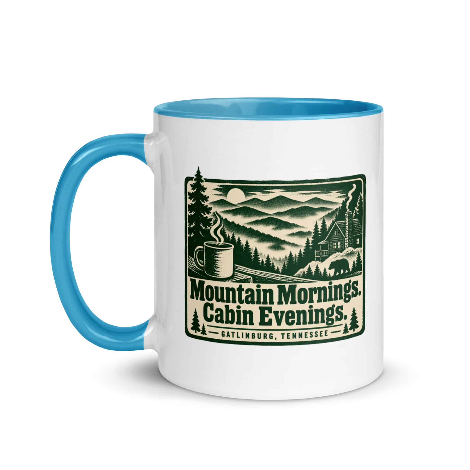 Gatlinburg and the Smokies Color Inside Coffee Mug: Mountain Mornings. Cabin Evenings, Forest Ink Stamp