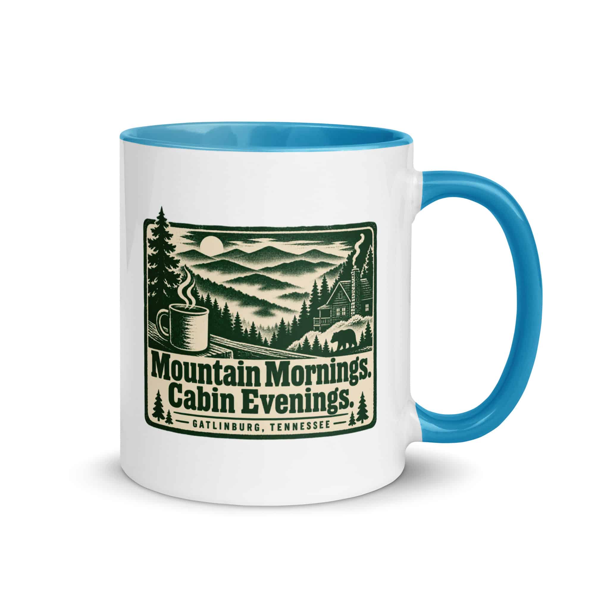 Gatlinburg and the Smokies Color Inside Coffee Mug: Mountain Mornings. Cabin Evenings, Forest Ink Stamp