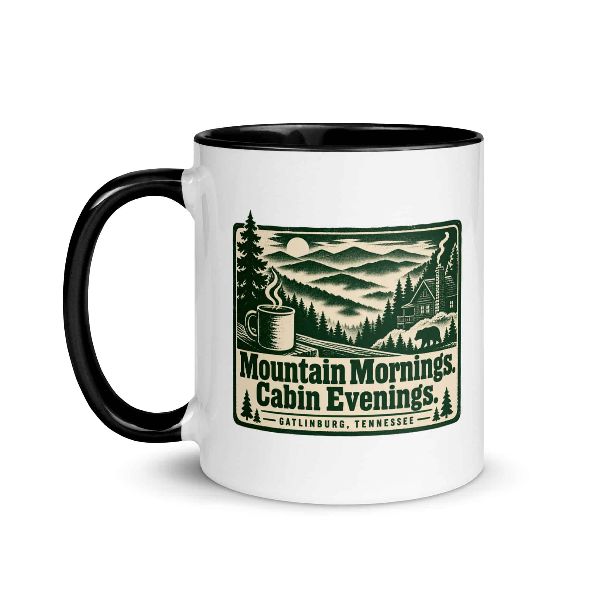 Gatlinburg and the Smokies Color Inside Coffee Mug: Mountain Mornings. Cabin Evenings, Forest Ink Stamp